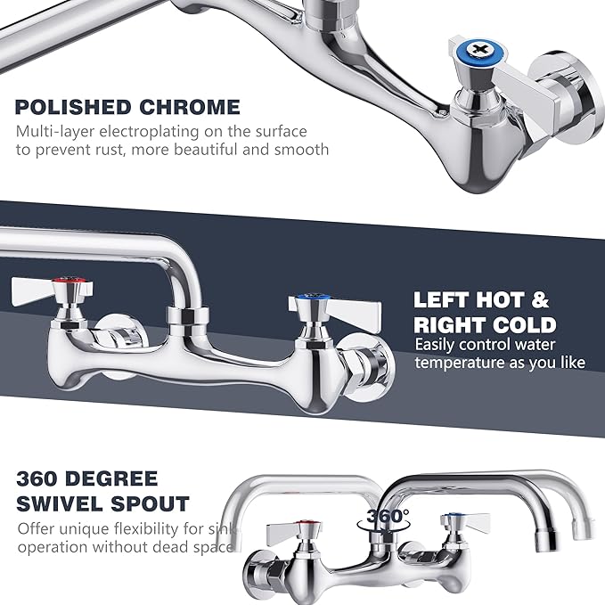 Wall Mount Commercial Sink Faucet with 8” Swivel Spout Polish Chrome Brass Utility Sink Faucet for Kitchen Laundry Restaurant Industrial Compartment Sink