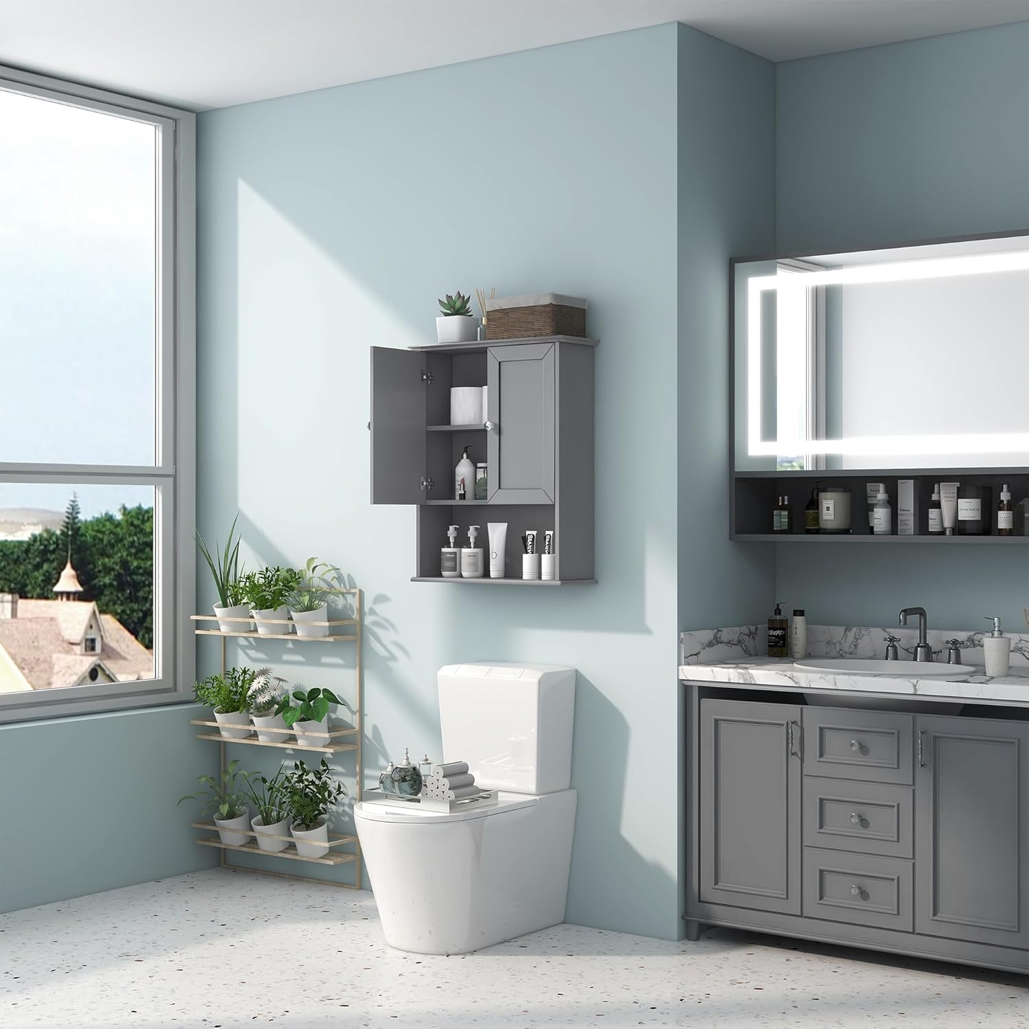 Grey Wall Mounted Bathroom Cabinet 24x30 Inch Wooden Over Toilet Storage Cabinet with 2 Doors