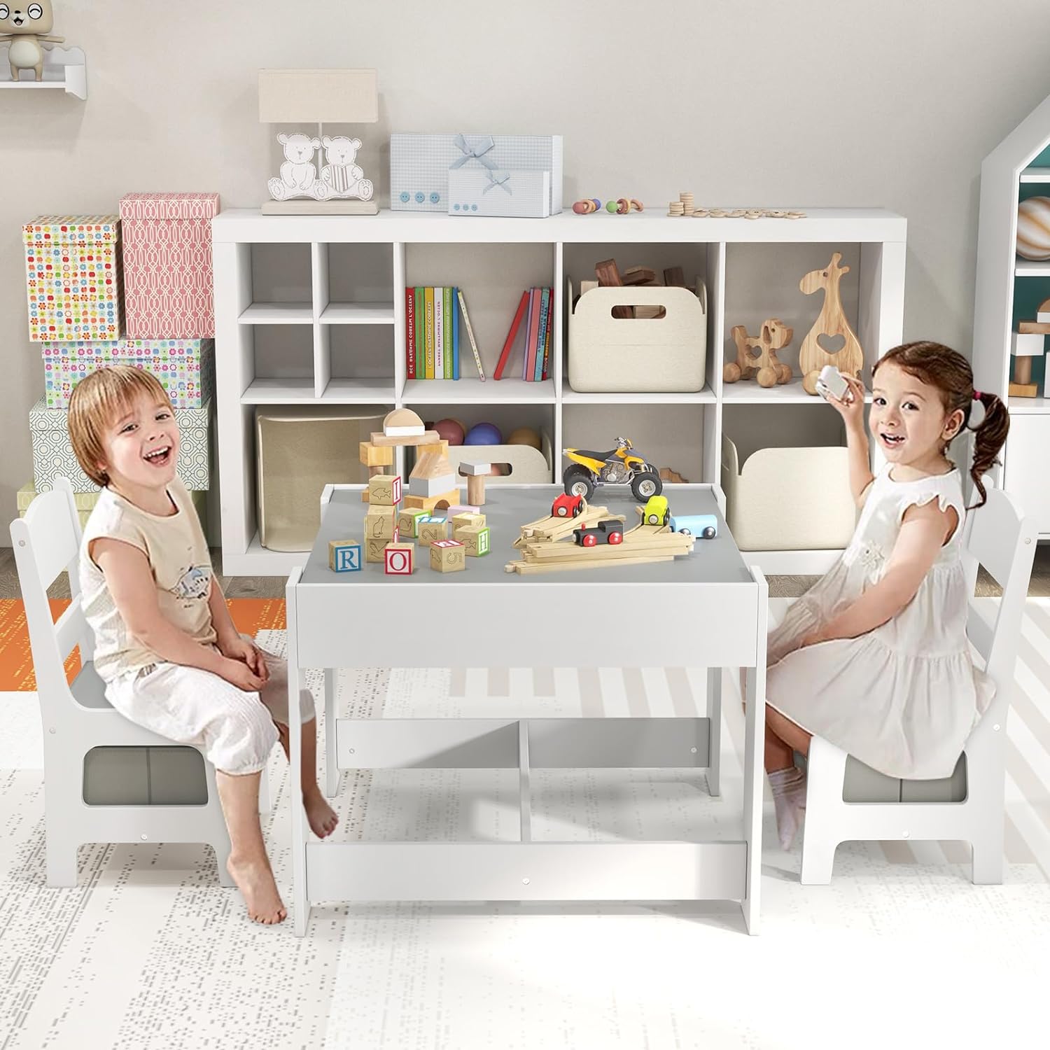 Kids Table and Chair Set, 3 in 1 Wood Children Desk Set