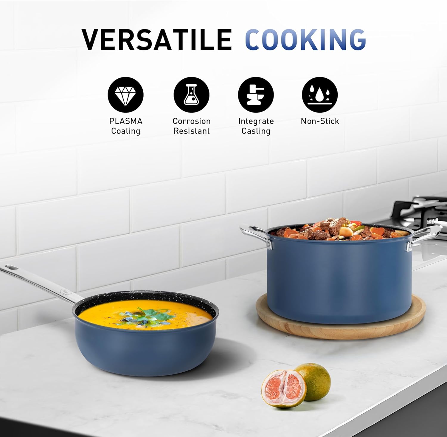 Nonstick Pots and Pans Set 6 Piece, 8" and 10" Skillet pan, 2Qt and 7Qt Casserole with Silicone Glass Lid, Non Toxic Deep Fry Pan, Induction Cookware Set with Plasma Titanium Coating