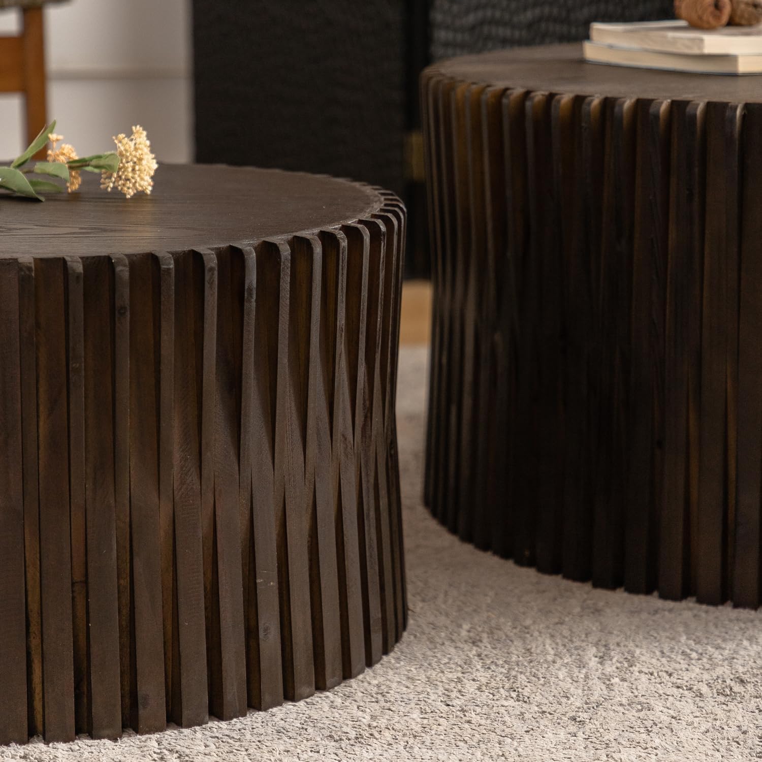 Nesting Coffee Table Set of 2, Round Coffee Table Modern Wood Drum Side Table End Table for Living Room