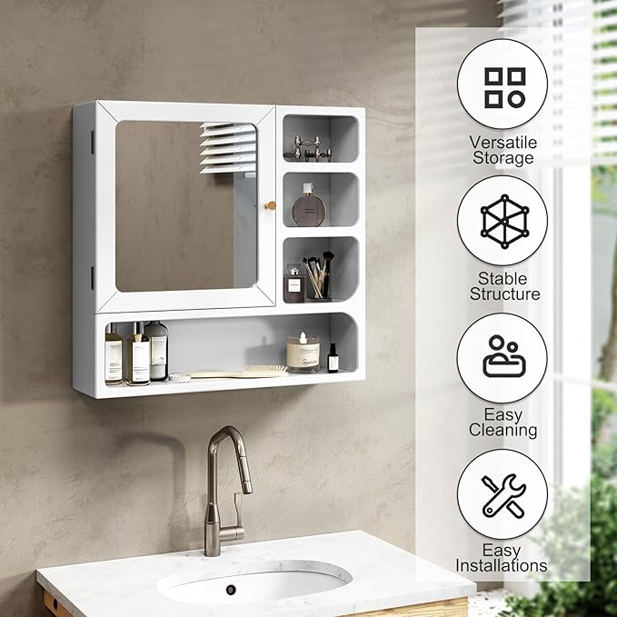 24" Bathroom Medicine Cabinet with Mirror, Wall Bathroom Storage Cabinet with Mirror Door and 4 Open Shelves