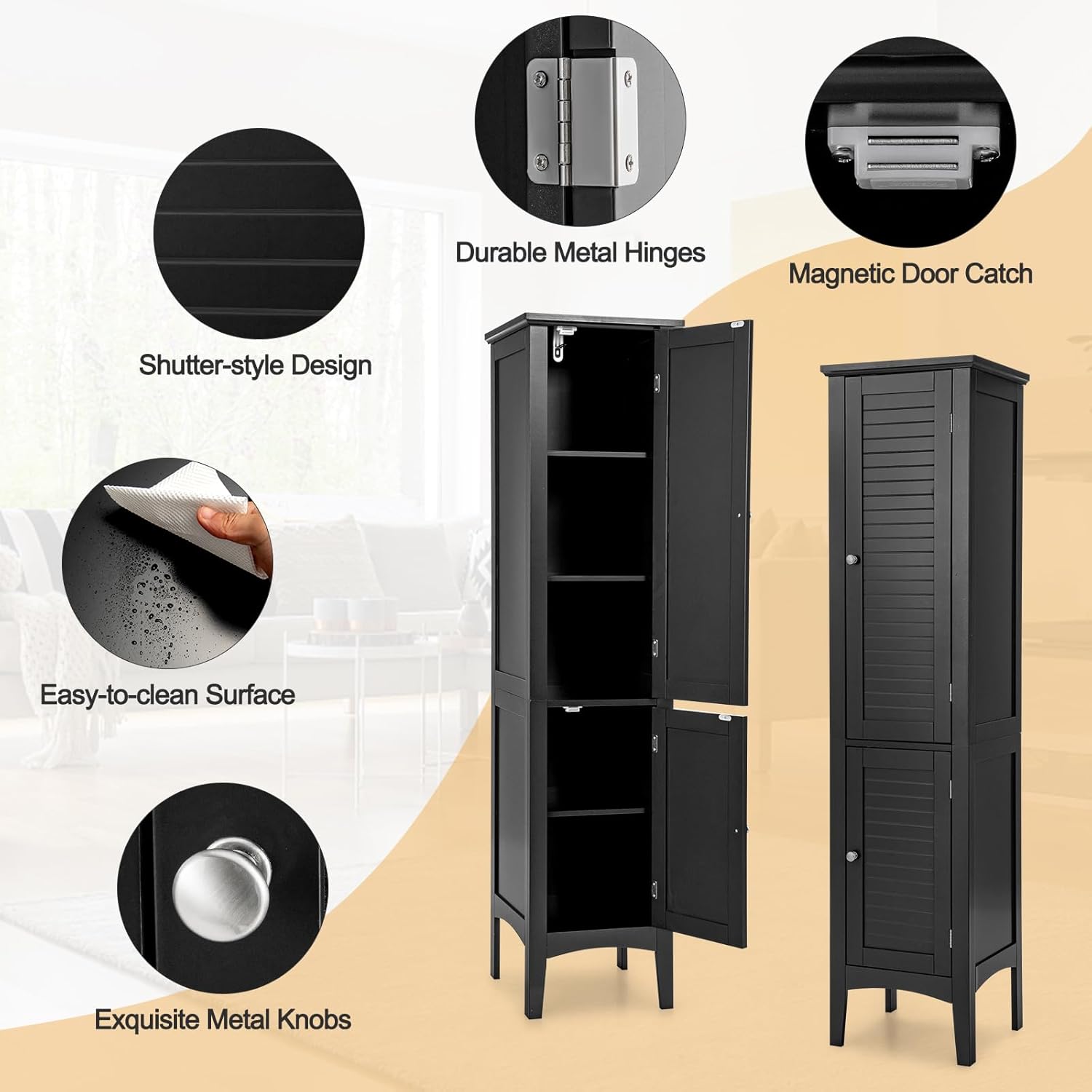 Tall Bathroom Storage Cabinet, 5-Tier Freestanding Linen Tower Cabinet with 2 Doors, Wooden Side Storage Organizer