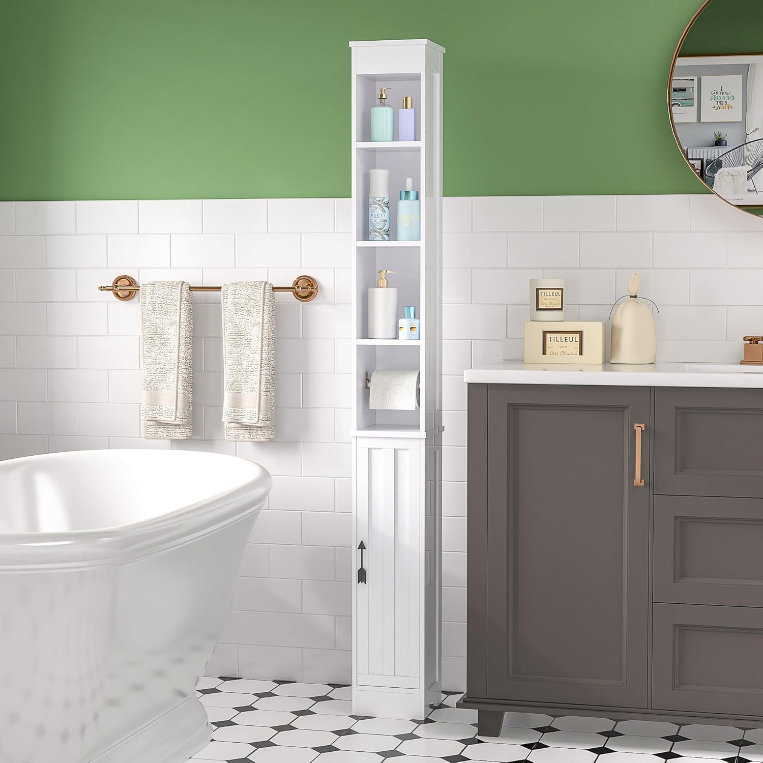 Bathroom Tall Cabinet with Adjustable Shelves, Slim Storage Cabinet with Toilet Paper Scroll
