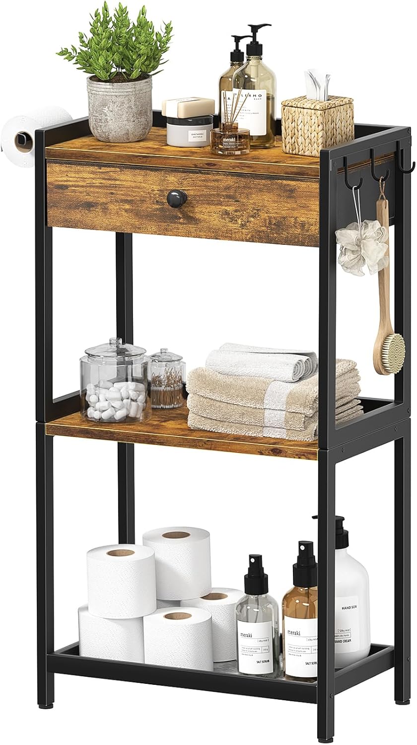 Farmhouse Bathroom Standing Shelf - Floor Freestanding Ladder Storage Shelves Organizer with Drawer Toilet Paper Holder