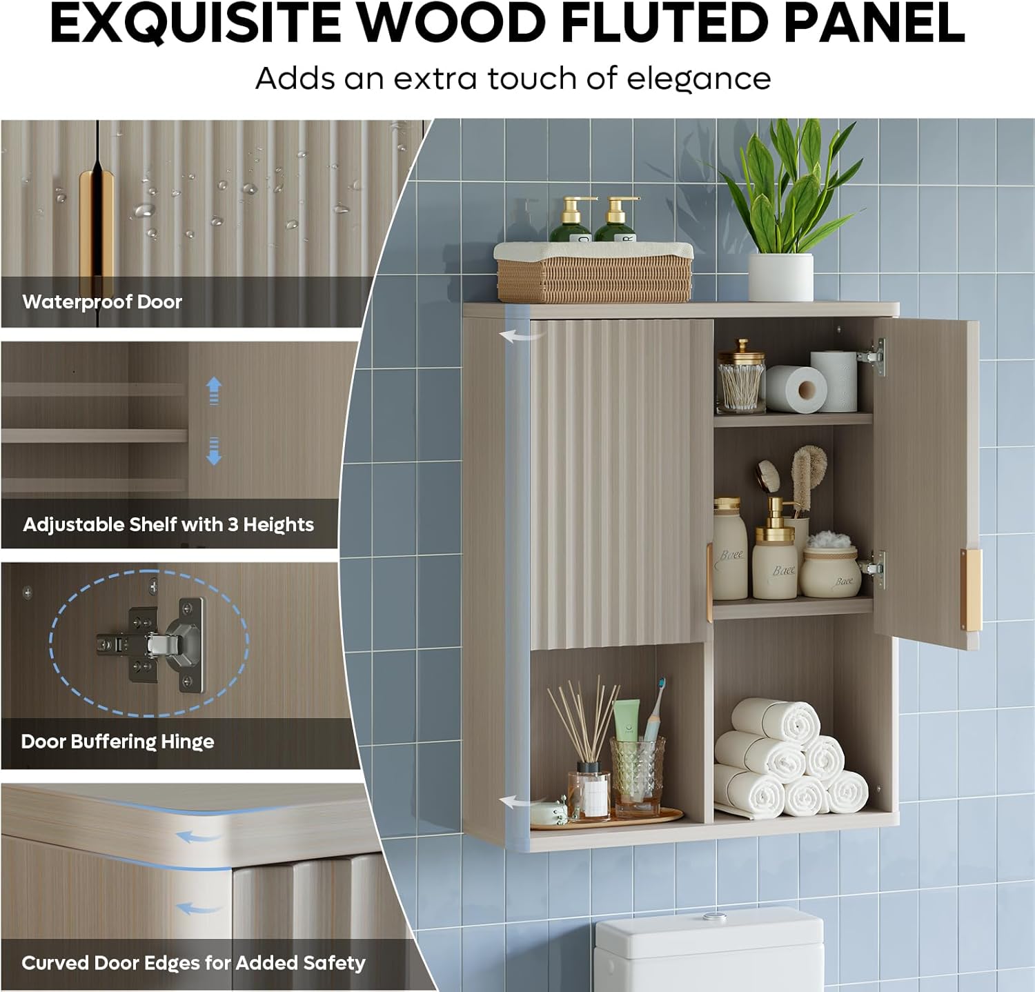 Fluted Bathroom Wall Cabinet Over The Toilet Storage, 23"x 29" Medicine Cabinet with Adjustable Shelf