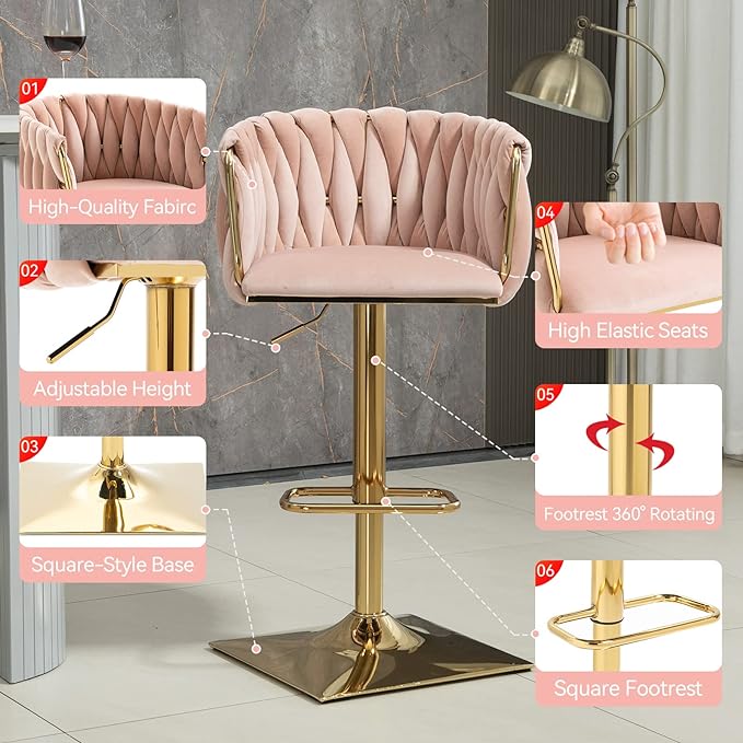 Bar Stools Set of 2 with 360° Swivel Hand Woven Backrest Design Upholstered Adjustable Counter Velvet Bar Stool with Golden Bracket Back and Footrest Bar Chair for Kitchen, Pub (Pink)