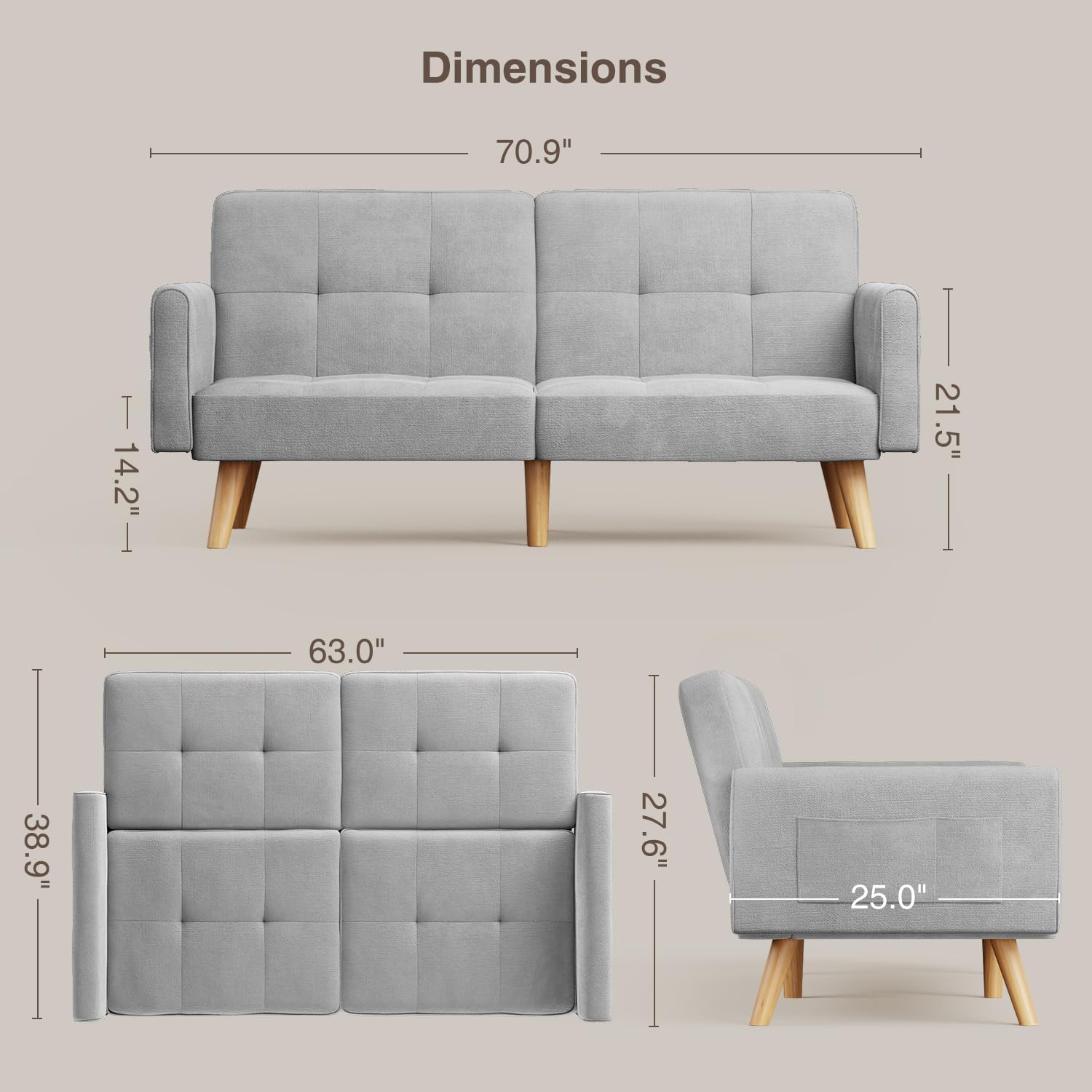 70.9" Sleeper Sofa with Adjustable Backrest, Modern Folding Daybed for Living Room, Dorm, Bedroom, Apart, 6 Legs and 2 Extra Support Rods, Removable Armrests