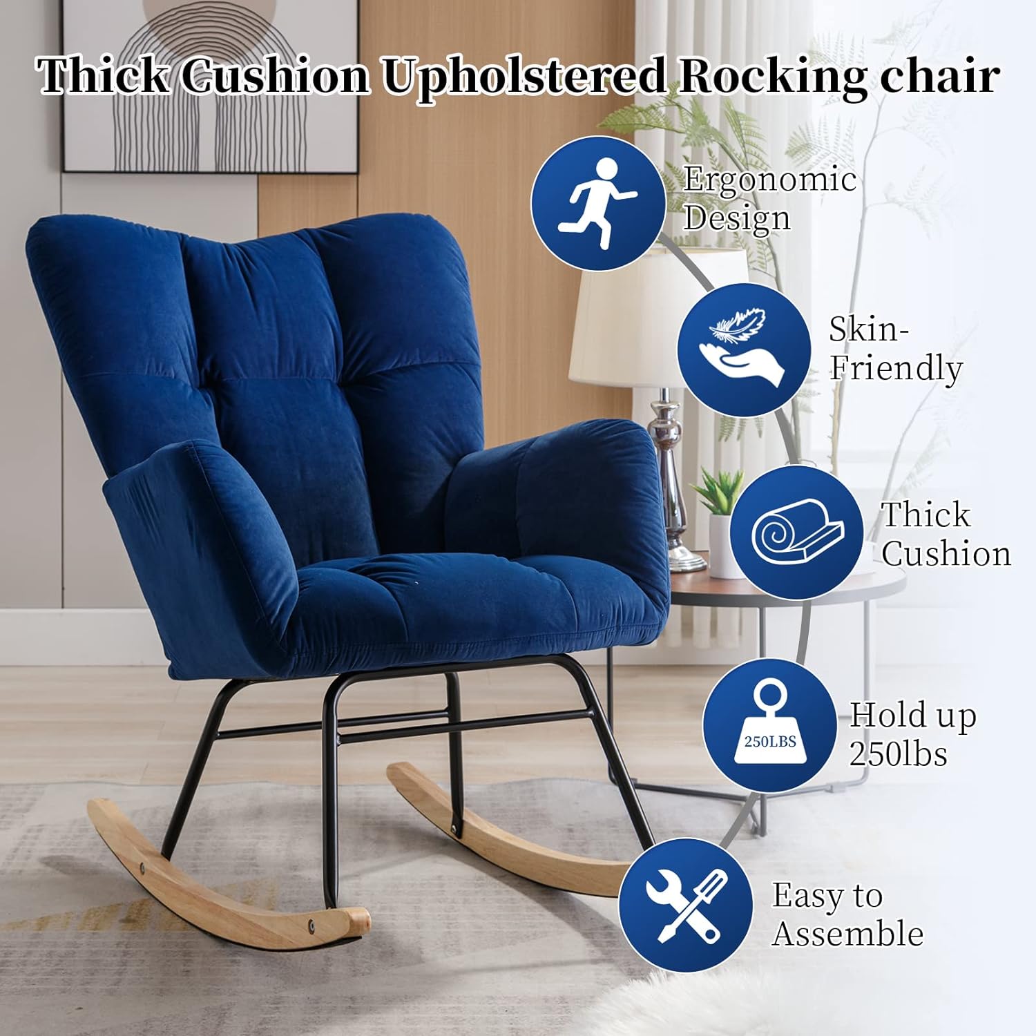 Nursery Rocking Chair Teddy Upholstered Glider Rocker Rocking Accent Chair Padded Seat with High Backrest Armchair Comfy Side Chair for Living Room Bedroom Offices (Blue Velvet)