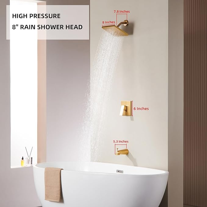 Gold Shower Faucet Set with Valve, Tub and Shower Faucet Combo, Bathtub Faucet Kit with 8-Inch Shower head and Tub Spout