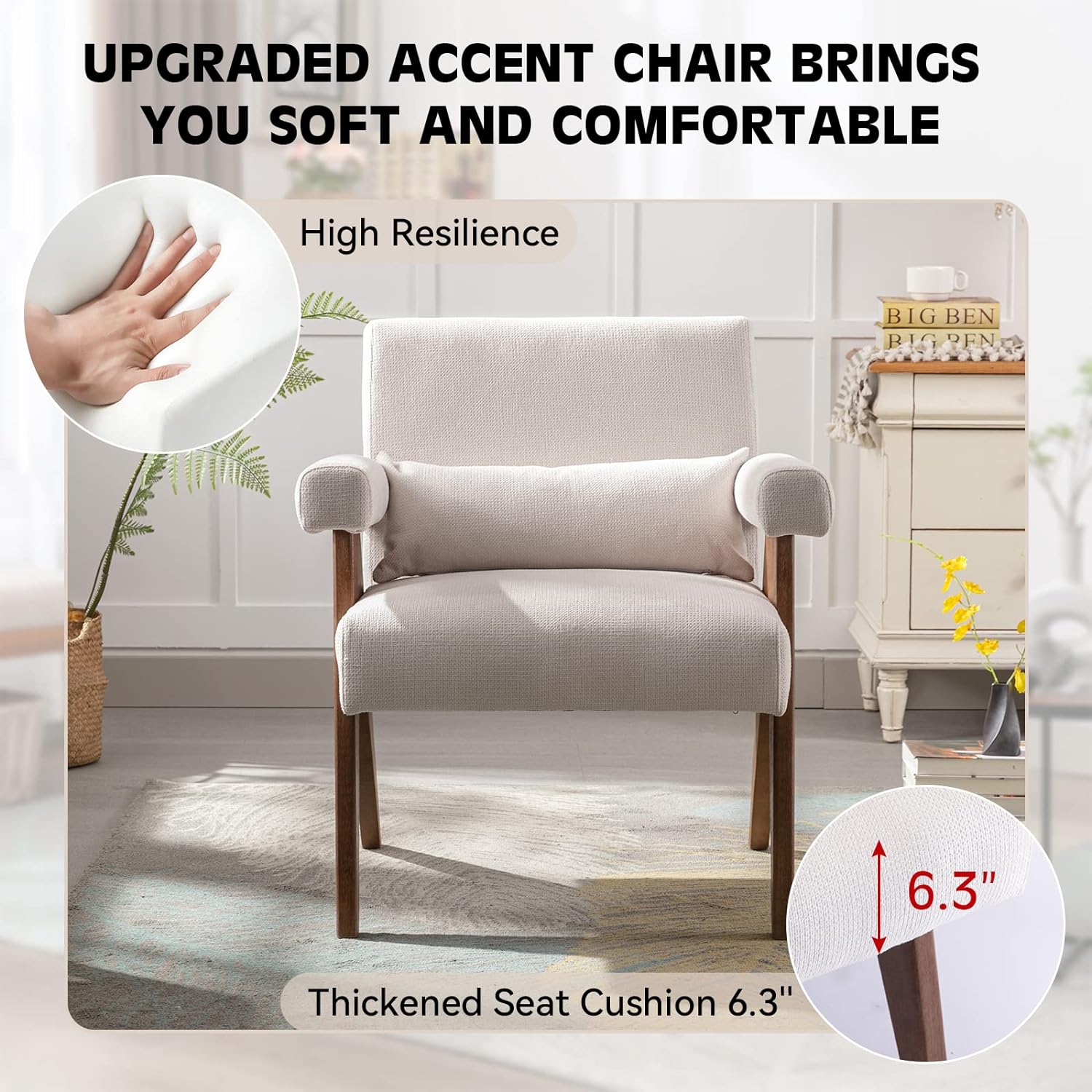 Mid-Century Modern Accent Chair, Solid Wood Arm Chair, Linen Fabric Padded Accent Chair, Reading Chair with Pillow, Upholstered Lounge Chair for Living Room, Bedroom (Cream)