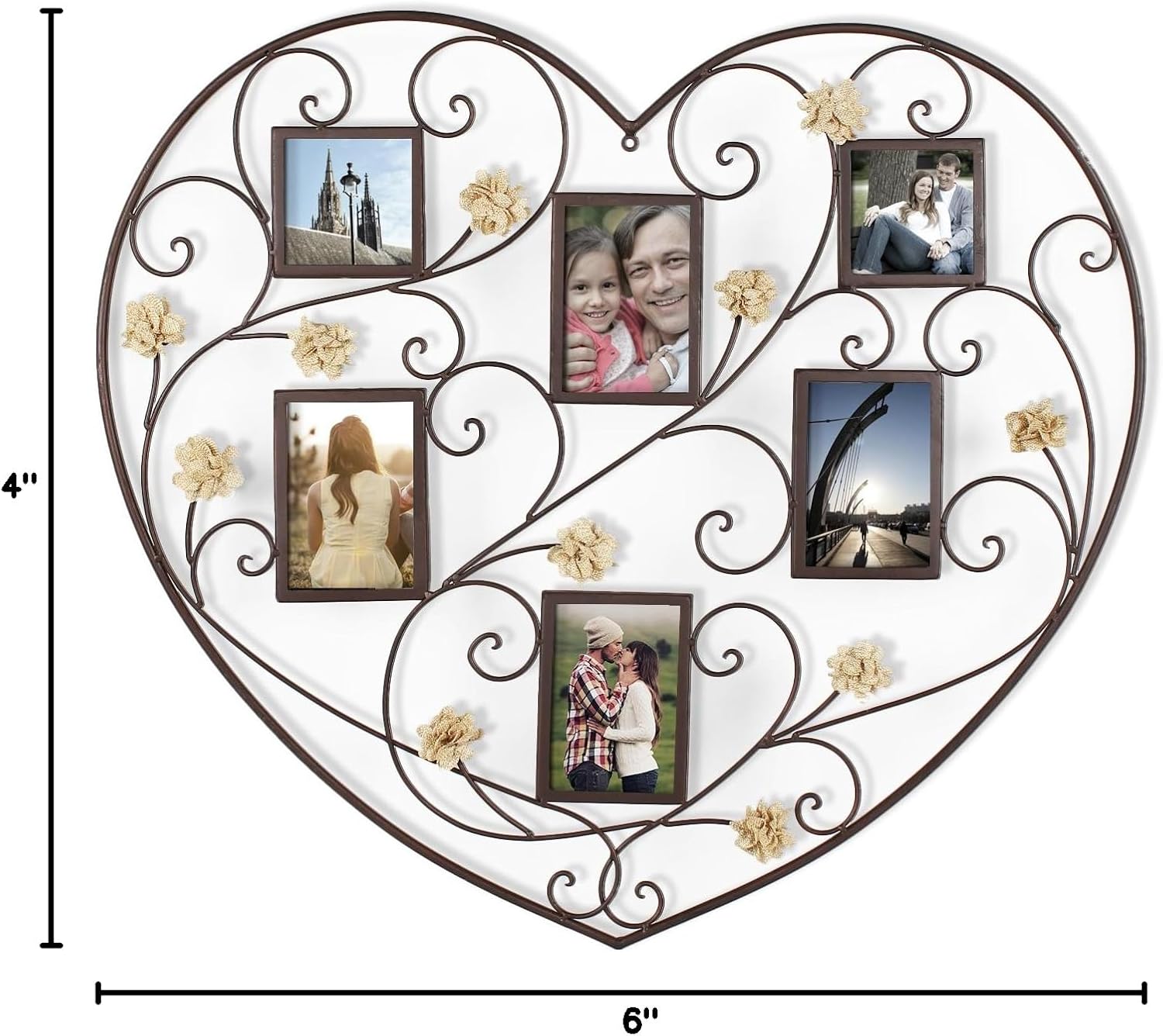Decorative Black Iron Heart-Shape Picture Frame Collage with Scroll and Burlap Flower Design, 6 Openings