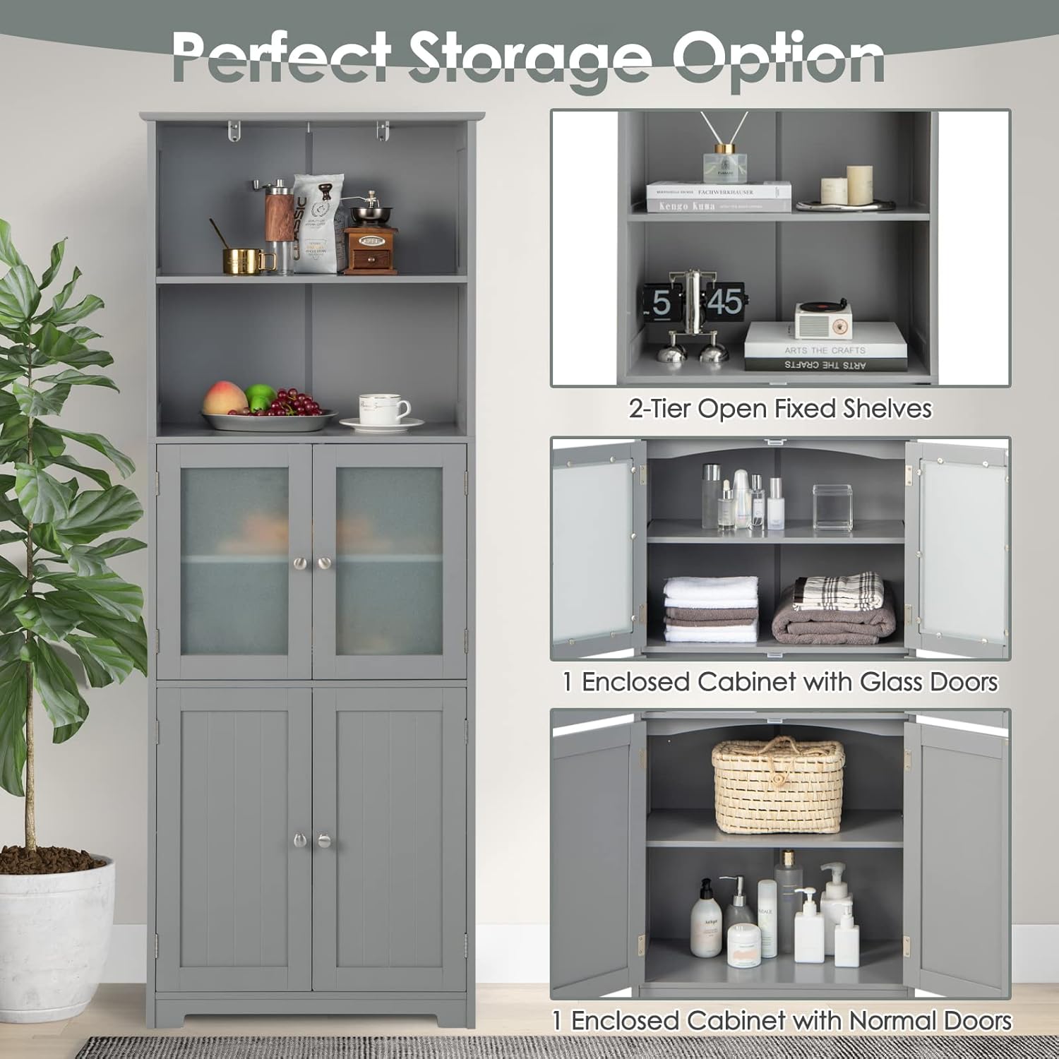 Tall Bathroom Storage Cabinet, Freestanding Floor Cabinet w/2 Glass Doors & 2 Open Shelves, 3-Position Adjustable Shelves, Anti-toppling Design