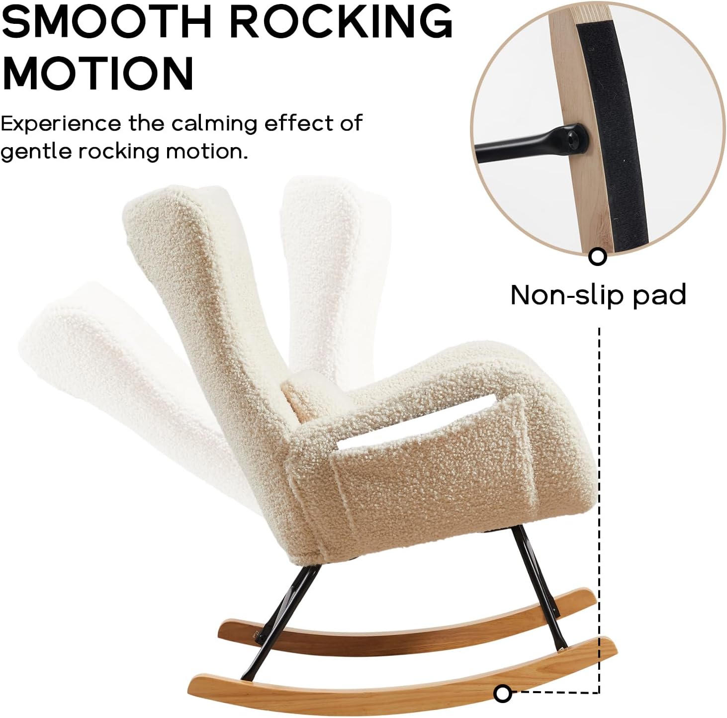 Nursery Rocking Chair, Teddy Upholstered Glider Rocker with Headrest and Lumbar Pillow, High Backrest Rocking Accent Chair with Side Pocket, Comfy Armchair for Living Room (Beige)