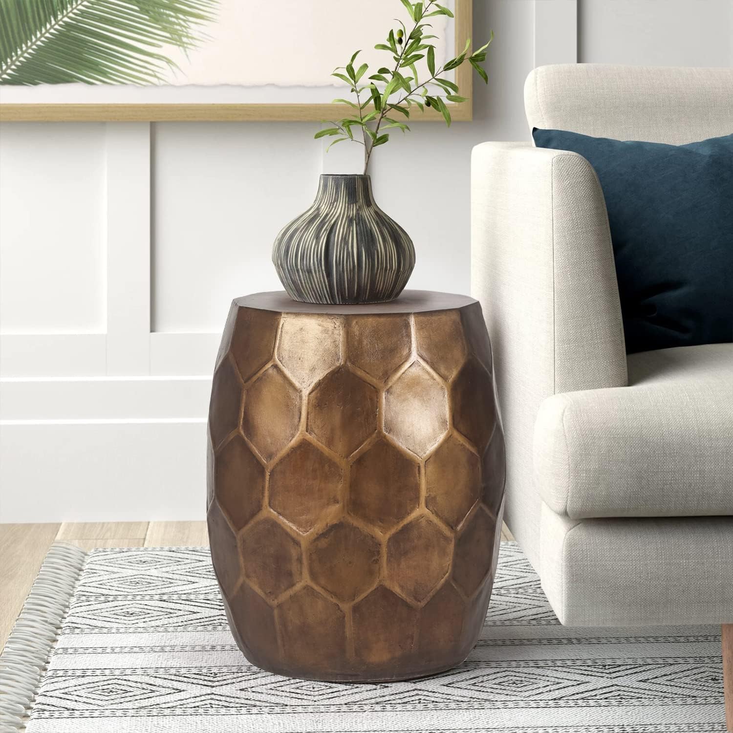 Modern 18" H Round Side Table, Indoor Outdoor Geometric Honeycomb Concrete End Table