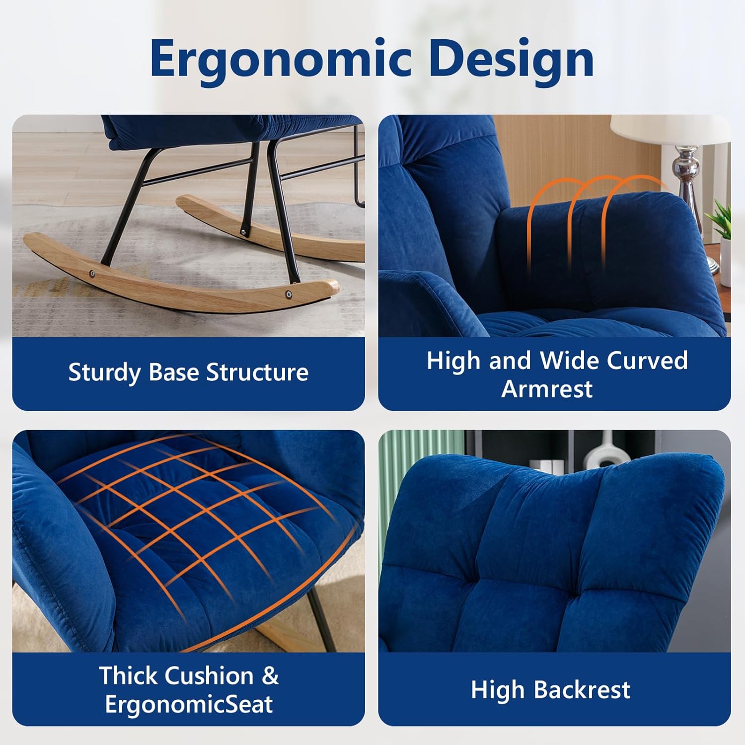 Nursery Rocking Chair Teddy Upholstered Glider Rocker Rocking Accent Chair Padded Seat with High Backrest Armchair Comfy Side Chair for Living Room Bedroom Offices (Blue Velvet)