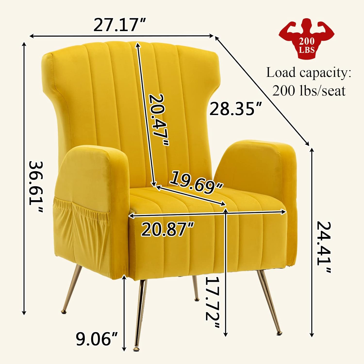 Velvet Wing Back Accent Chair with Metal Gold Legs, Upholstered Armchair, Side Chair, Leisure Single Sofa, Reading Chair for Living Room Bedroom Office (Yellow)