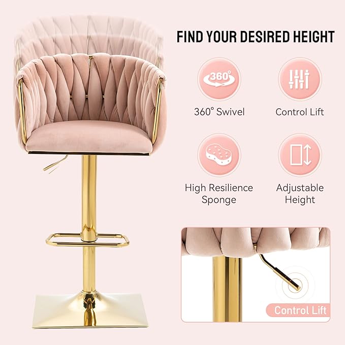 Bar Stools Set of 2 with 360° Swivel Hand Woven Backrest Design Upholstered Adjustable Counter Velvet Bar Stool with Golden Bracket Back and Footrest Bar Chair for Kitchen, Pub (Pink)