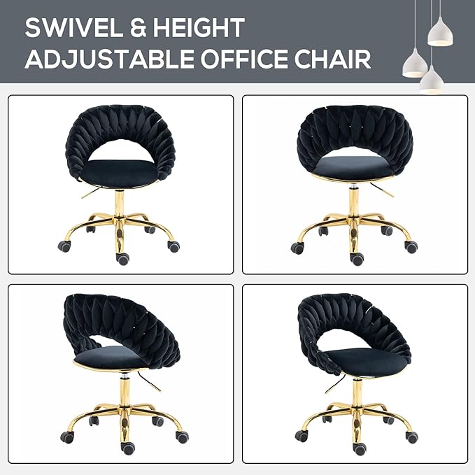 Swivel Velvet Home Office Chair, Upholstered Desk Chair, Modern Accent Armchair, Tufted Computer Task Stools with Gold Base for Girls, Women, Study, Living Room (Black)