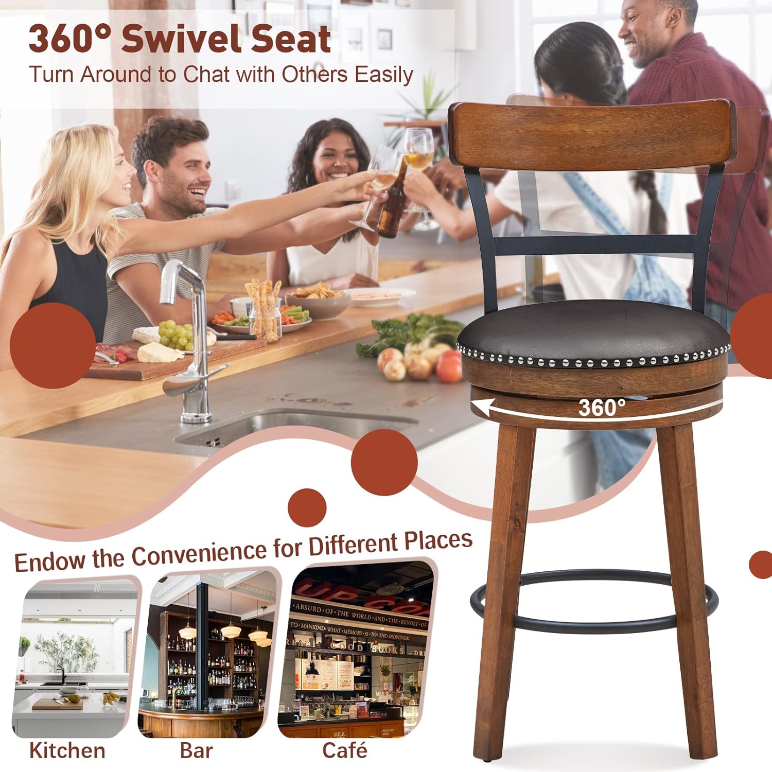 Bar Stools Set of 2-25.5" Counter Height Swivel Rubber Wood Barstools with Soft Padded Seat Cushions, Footrests, Easy Assembly Armless Farmhouse Kitchen Island Bar Chairs with Back, Brown