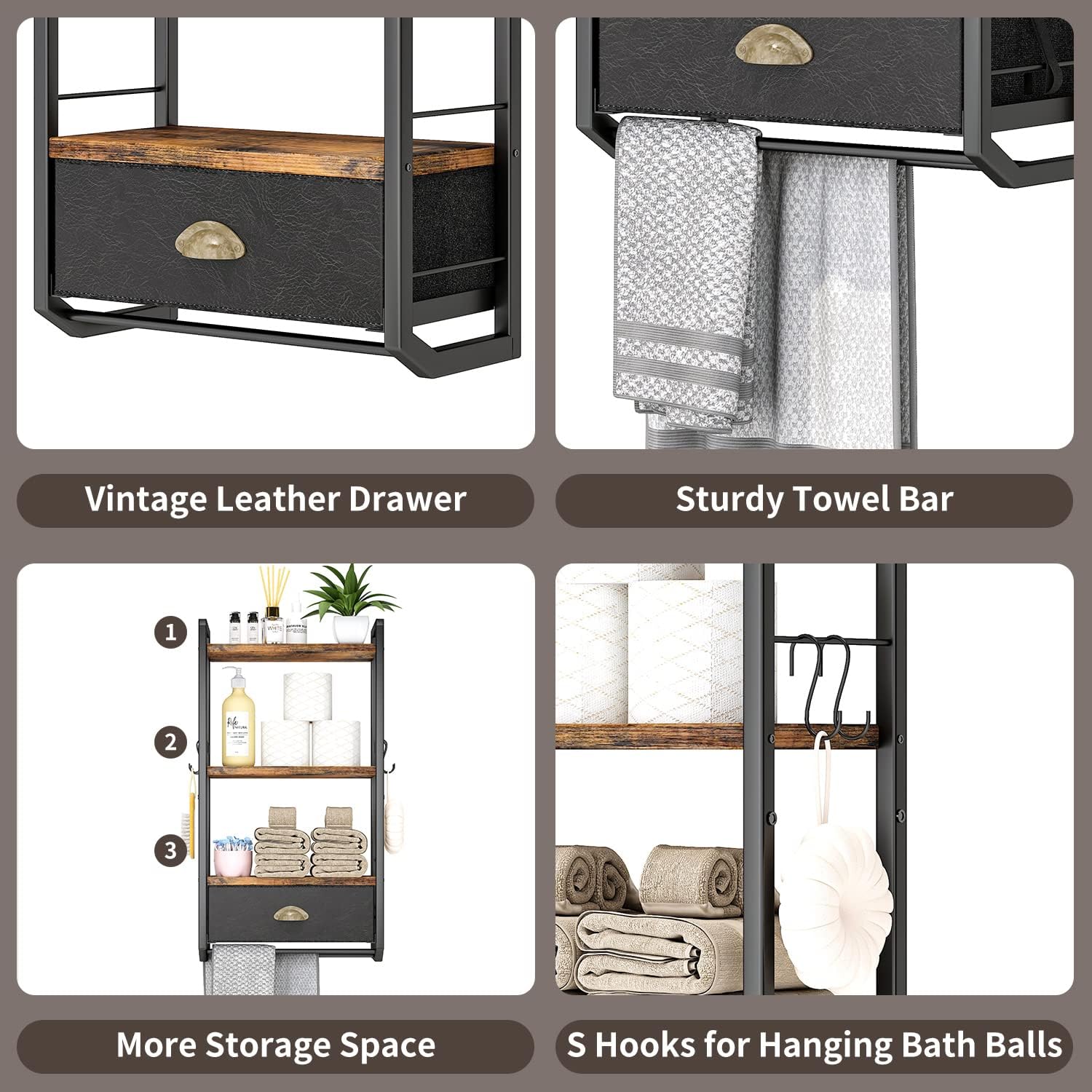 Bathroom Storage Organizer Wall Mounted, 3 Tier Bathroom Towel Rack Shelf with Storage Drawer Double Towel Bars and Hooks