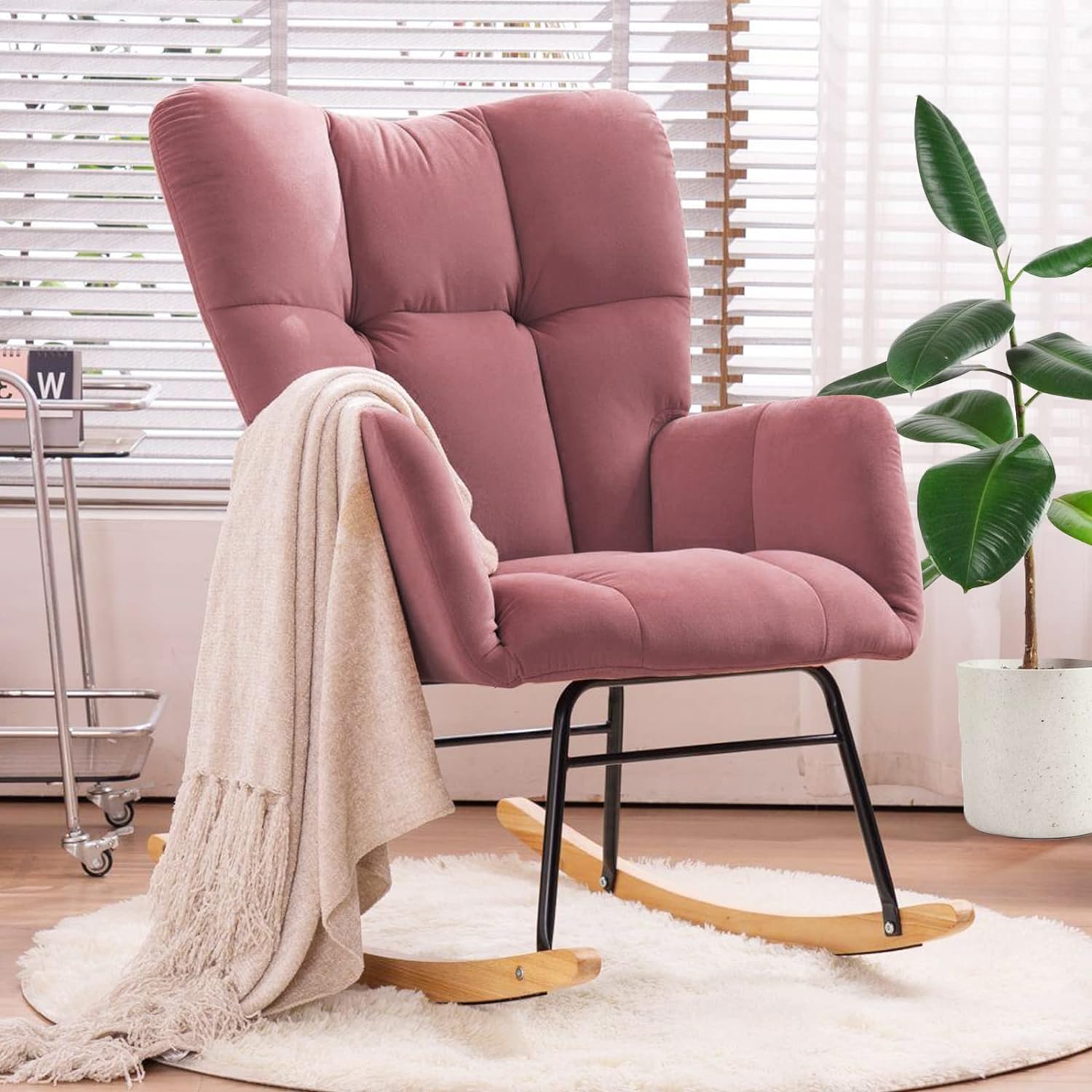 Nursery Rocking Chair Teddy Upholstered Glider Rocker Rocking Accent Chair Padded Seat with High Backrest Armchair Comfy Side Chair for Living Room Bedroom Offices (Green)