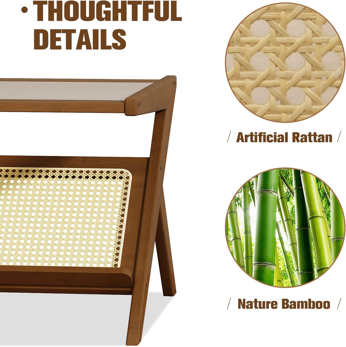 Mid-Century Modern Coffee Table with Glass Top Rattan Center Table