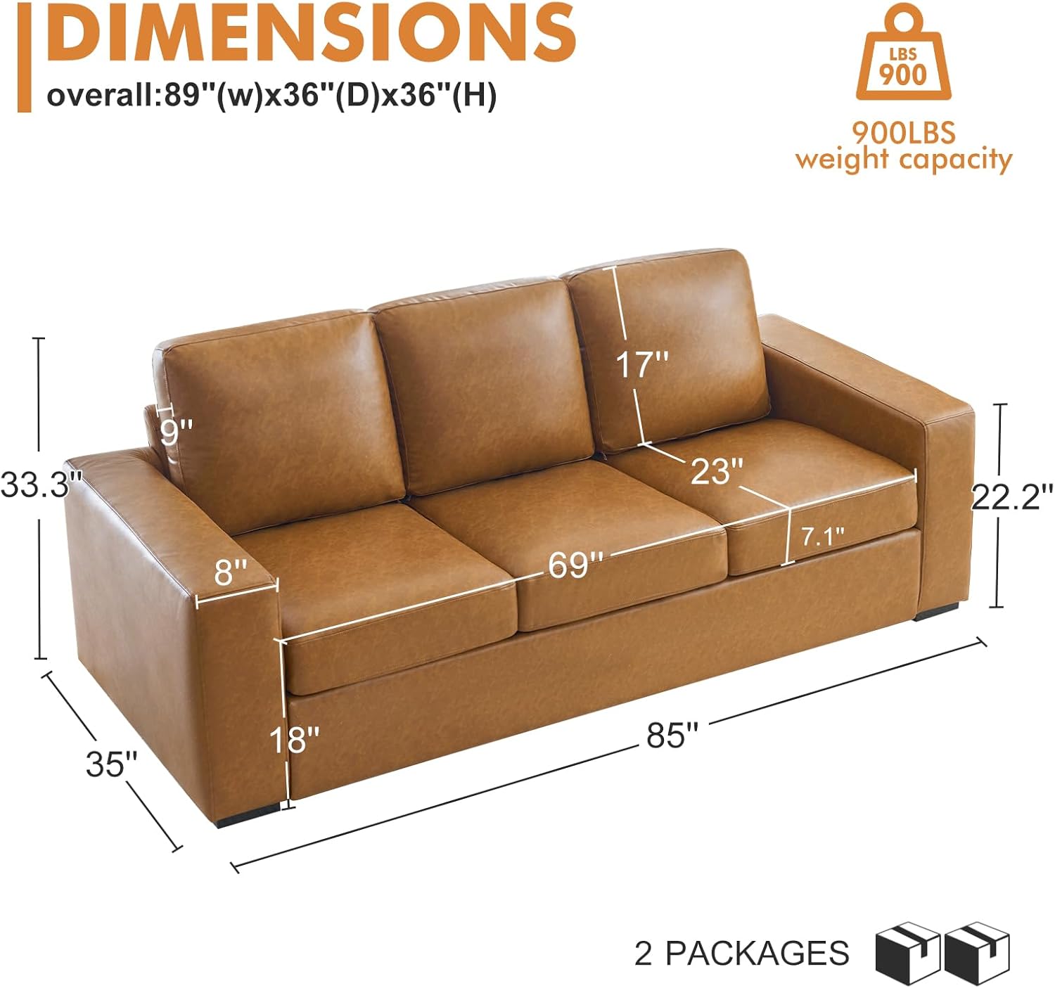 85" Luxury 3 Seater Sofa Couch for Living Room, Modern Upholstered Faux Leather Sofas Couches with Extra Deep Seats&Removable Cover, Comfy Sofa Couch