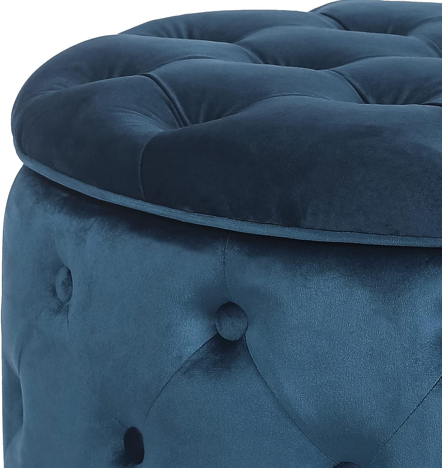 Modern 24.8 Inch Blue Round Storage Ottomans Chair, Button Tufted Upholstered Ottoman Footstool