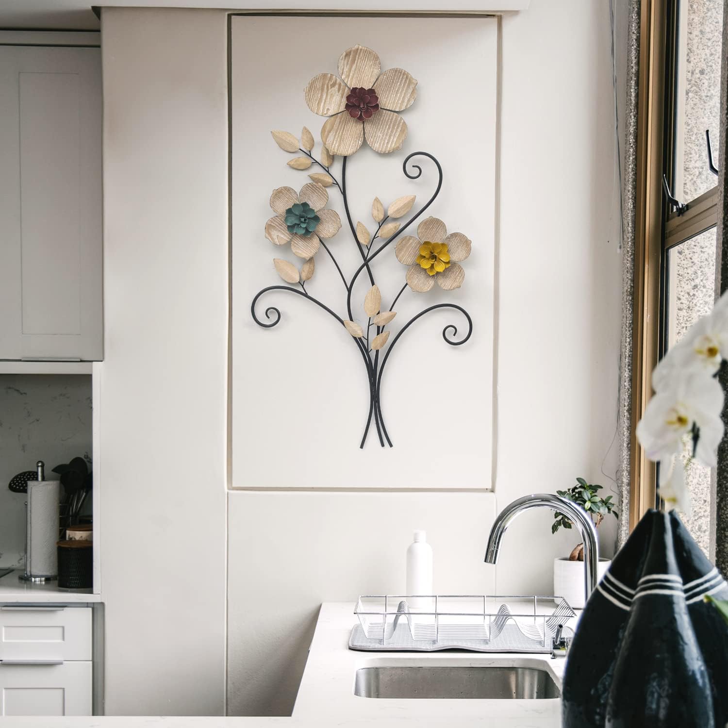 32.48” Metal Flower Wall Art Decor,Boho 3D Metal Floral Wall Sculpture with Vibrant Stamens and Natural Wood Texture Petals