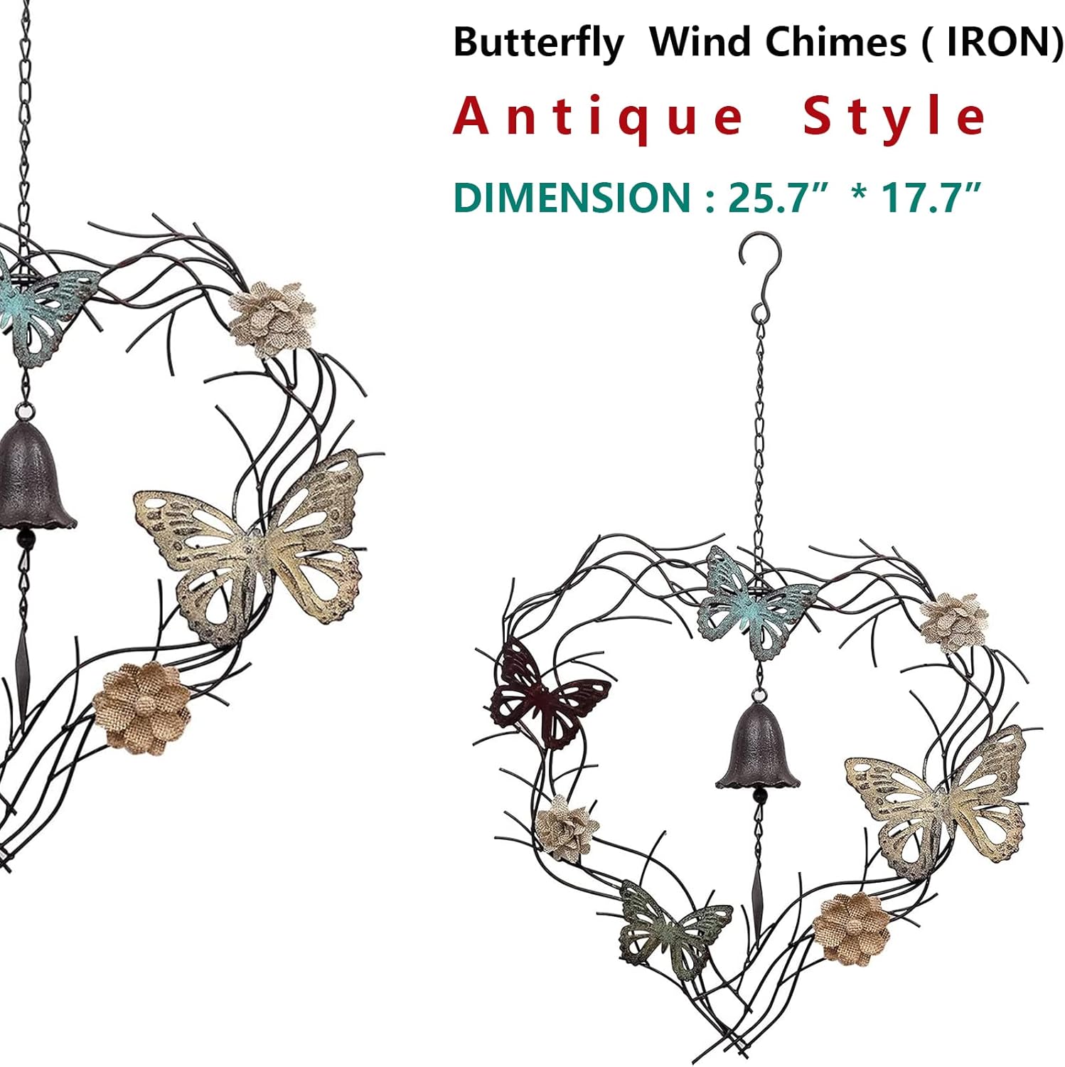 Flower and Butterfly Wind Chimes Metal Wall Hanging Decor for Nature Home Art