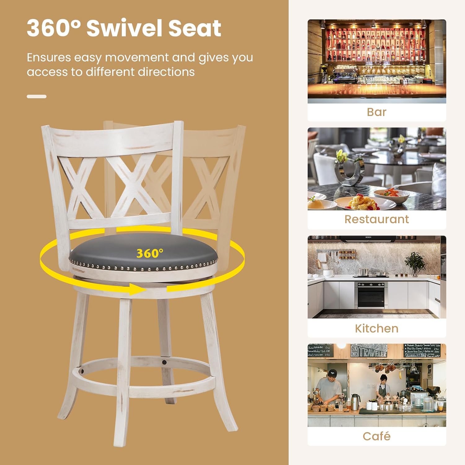 25.5" Bar Stools Set of 2, Swivel Counter Height Stools w/Back, 20" Wide Padded Seat, Rubber Wood Frame, Armless Farmhouse Barstools for Kitchen Island, Café, Pub, Dining Room, Antique White