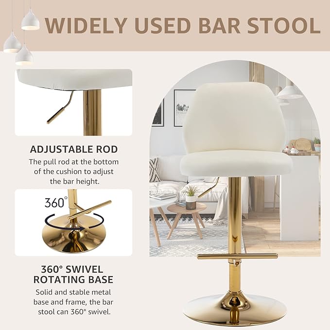 Modern Velvet Bar Stools Set of 2, Swivel Barstools with Golden Legs, Back Ring Design, Kitchen Island Chairs, Counter Height Stool for Home Bar, Kitchen Island,Pub, Cafe (Cream)