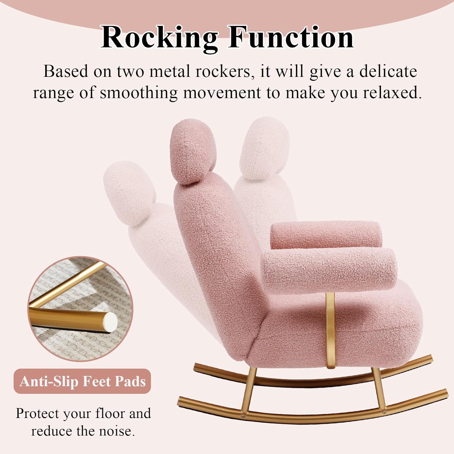 Nursery Rocking Chair, Modern Sherpa Upholstered Fabric Glider Rocker, Rocking Chair for Nursery, Comfy Armchair with High Backrest, Leisure Sofa Chair for Living Room Bedroom (Pink)