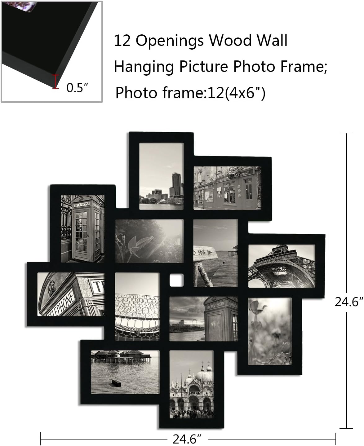 Decorative Black Wood Wall Hanging Collage Picture Photo Frame