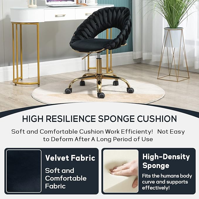 Swivel Velvet Home Office Chair, Upholstered Desk Chair, Modern Accent Armchair, Tufted Computer Task Stools with Gold Base for Girls, Women, Study, Living Room (Black)