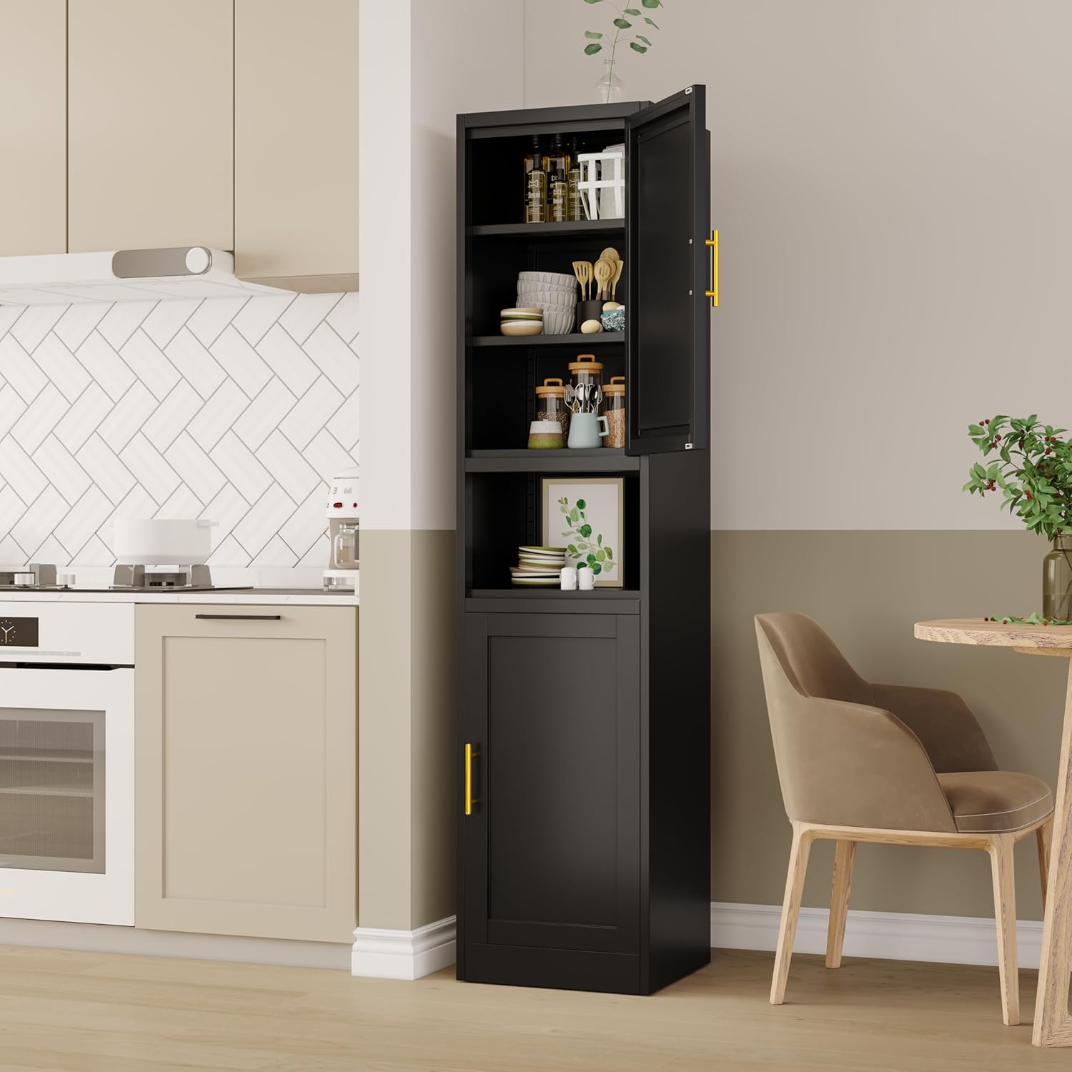 Tall Bathroom Storage Cabinet, 71" H Slim Corner Floor Cabinet with 2 Doors and 3 Adjustable Shelves