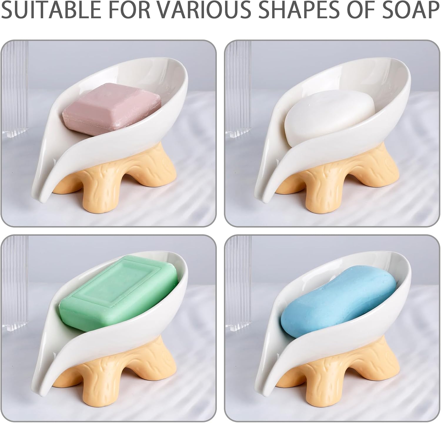 Soap Holder Self Draining Leaf Shape Soap Dishes, Ceramic Draining Soap Dish for Bathroom Shower, White Farmhouse Soap Holder with Stump