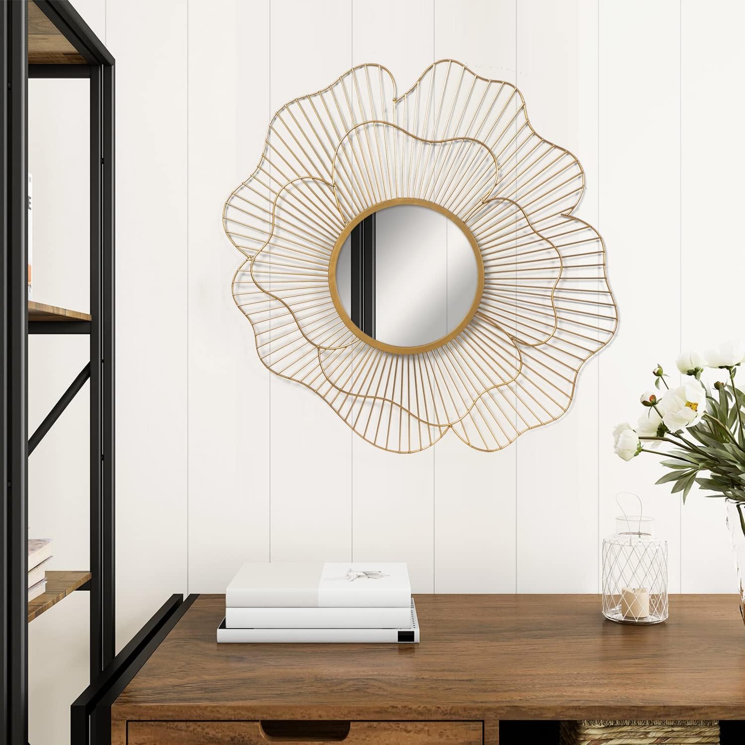 22.4" Gold Metal Vintage Flower Modern Luxurious Hanging Wall Mirror, Decorative Wall Decor