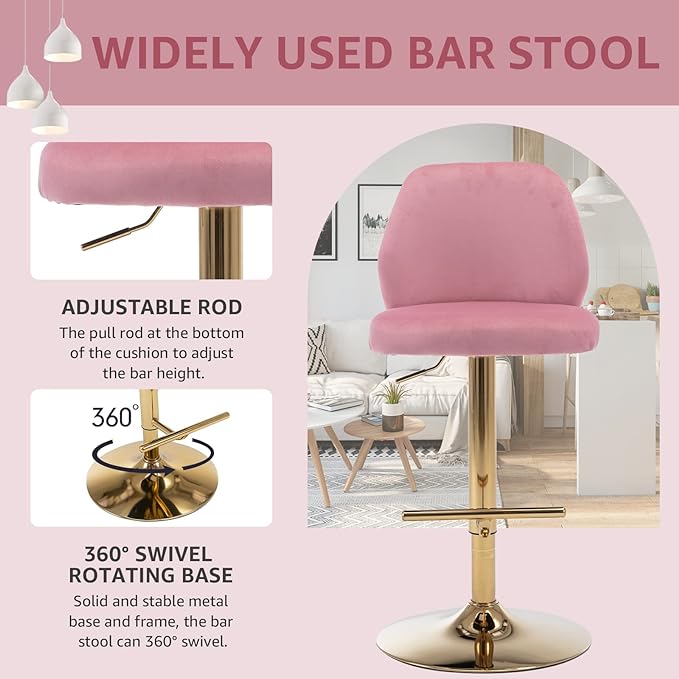 Modern Velvet Bar Stools Set of 2, Swivel Barstools with Golden Legs, Back Ring Design, Kitchen Island Chairs, Counter Height Stool for Home Bar, Kitchen Island,Pub, Cafe (Pink)