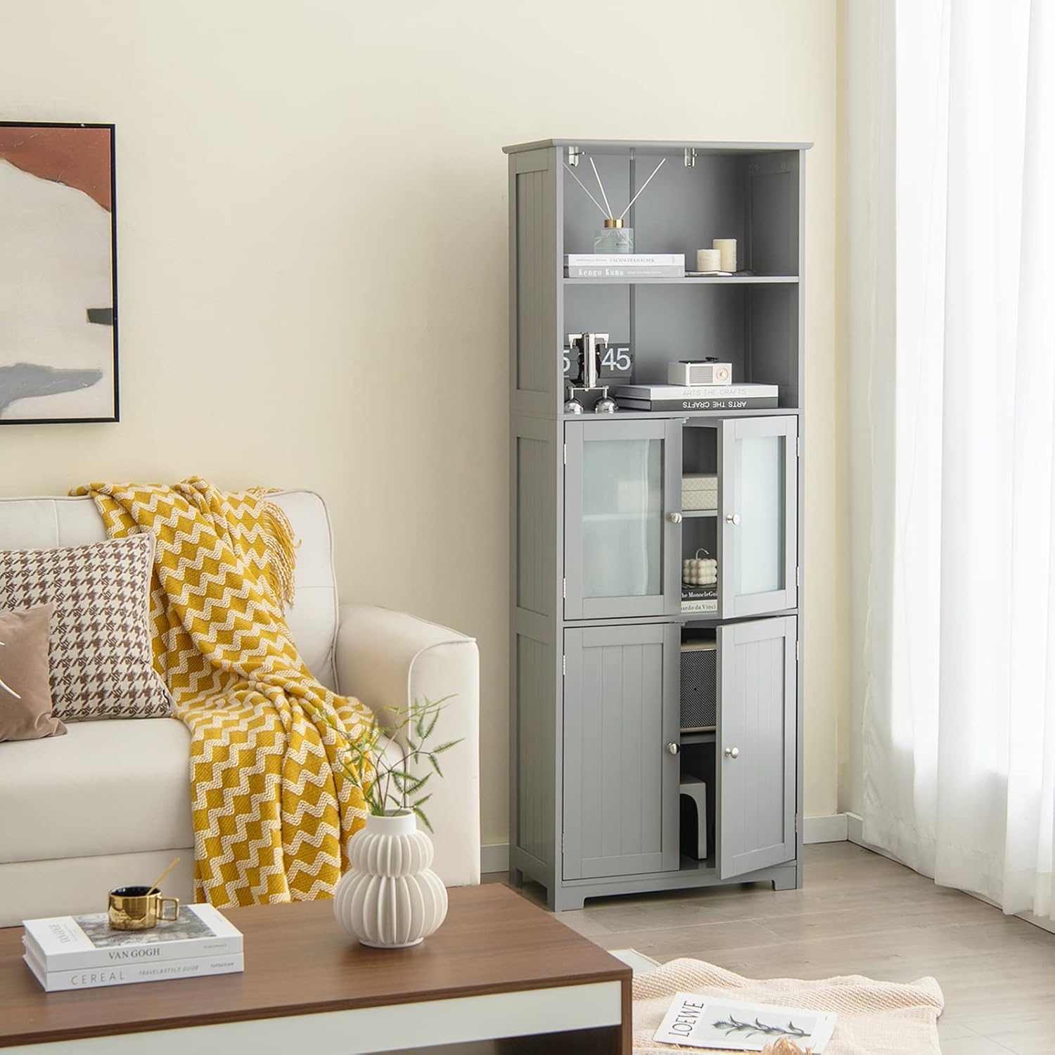 Tall Bathroom Storage Cabinet, Freestanding Floor Cabinet w/2 Glass Doors & 2 Open Shelves, 3-Position Adjustable Shelves, Anti-toppling Design