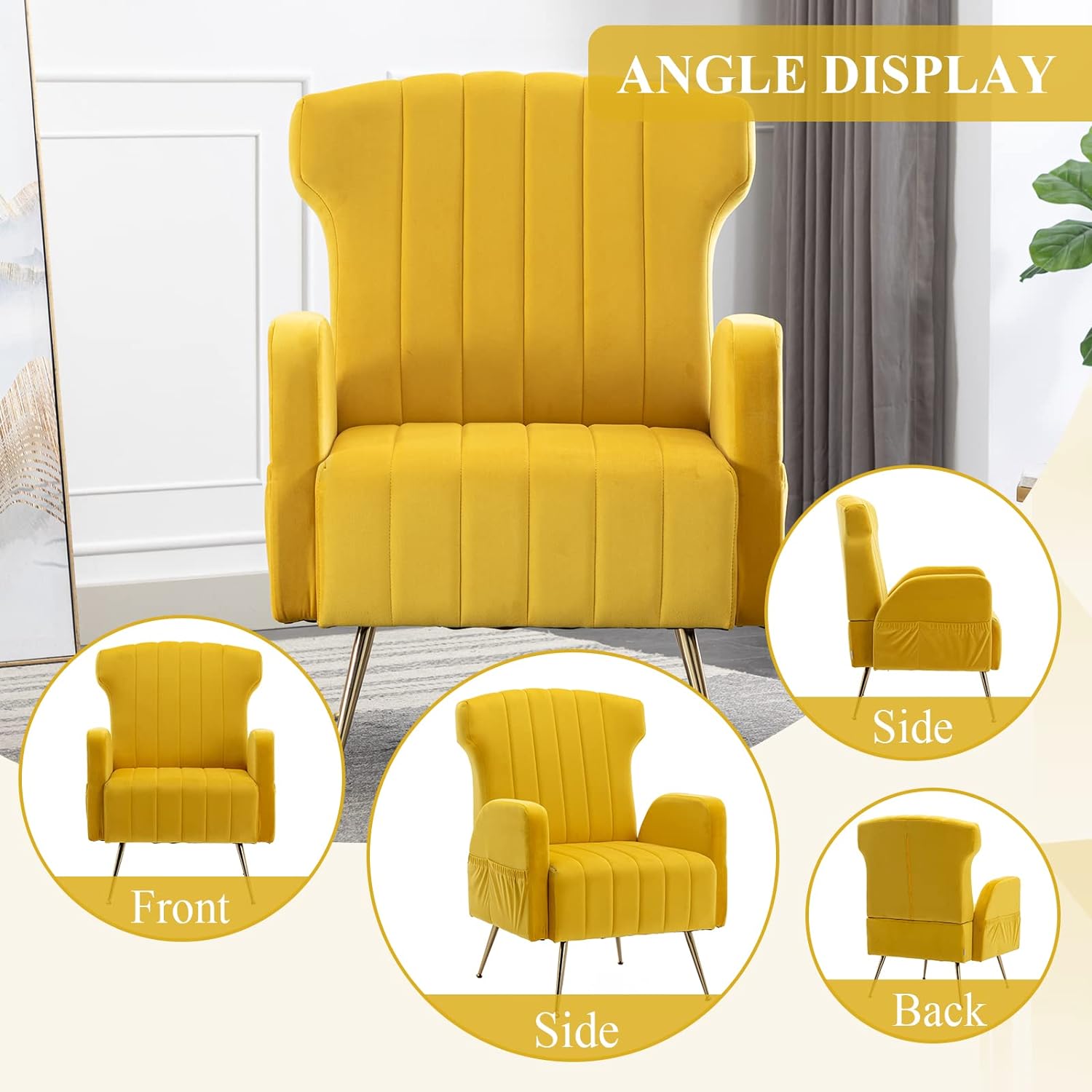 Velvet Wing Back Accent Chair with Metal Gold Legs, Upholstered Armchair, Side Chair, Leisure Single Sofa, Reading Chair for Living Room Bedroom Office (Yellow)