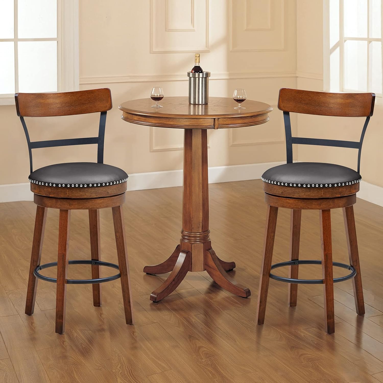 Bar Stools Set of 2-25.5" Counter Height Swivel Rubber Wood Barstools with Soft Padded Seat Cushions, Footrests, Easy Assembly Armless Farmhouse Kitchen Island Bar Chairs with Back, Brown