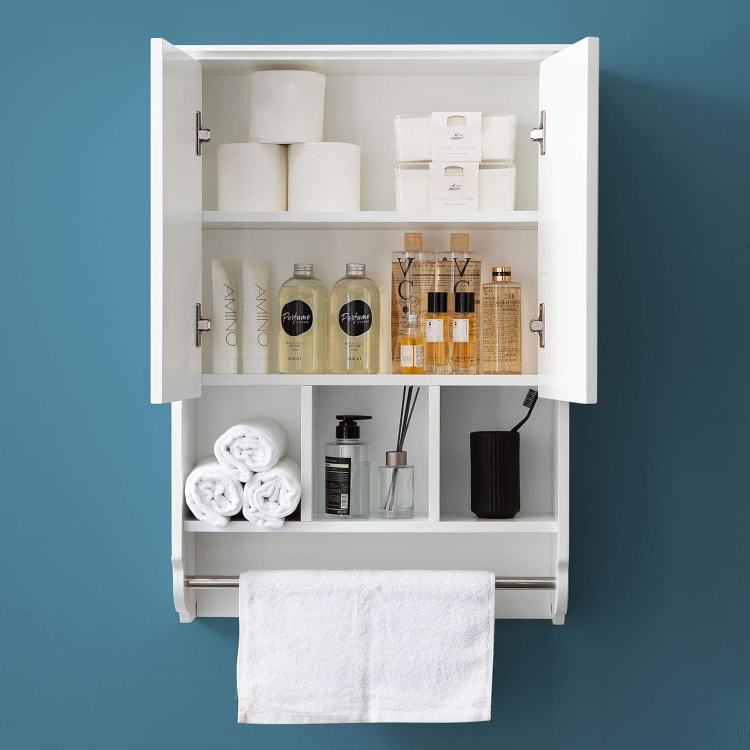 White Bathroom Wall Cabinet with Towel Bar,Wooden Medicine Cabinet Adjustable Shelves