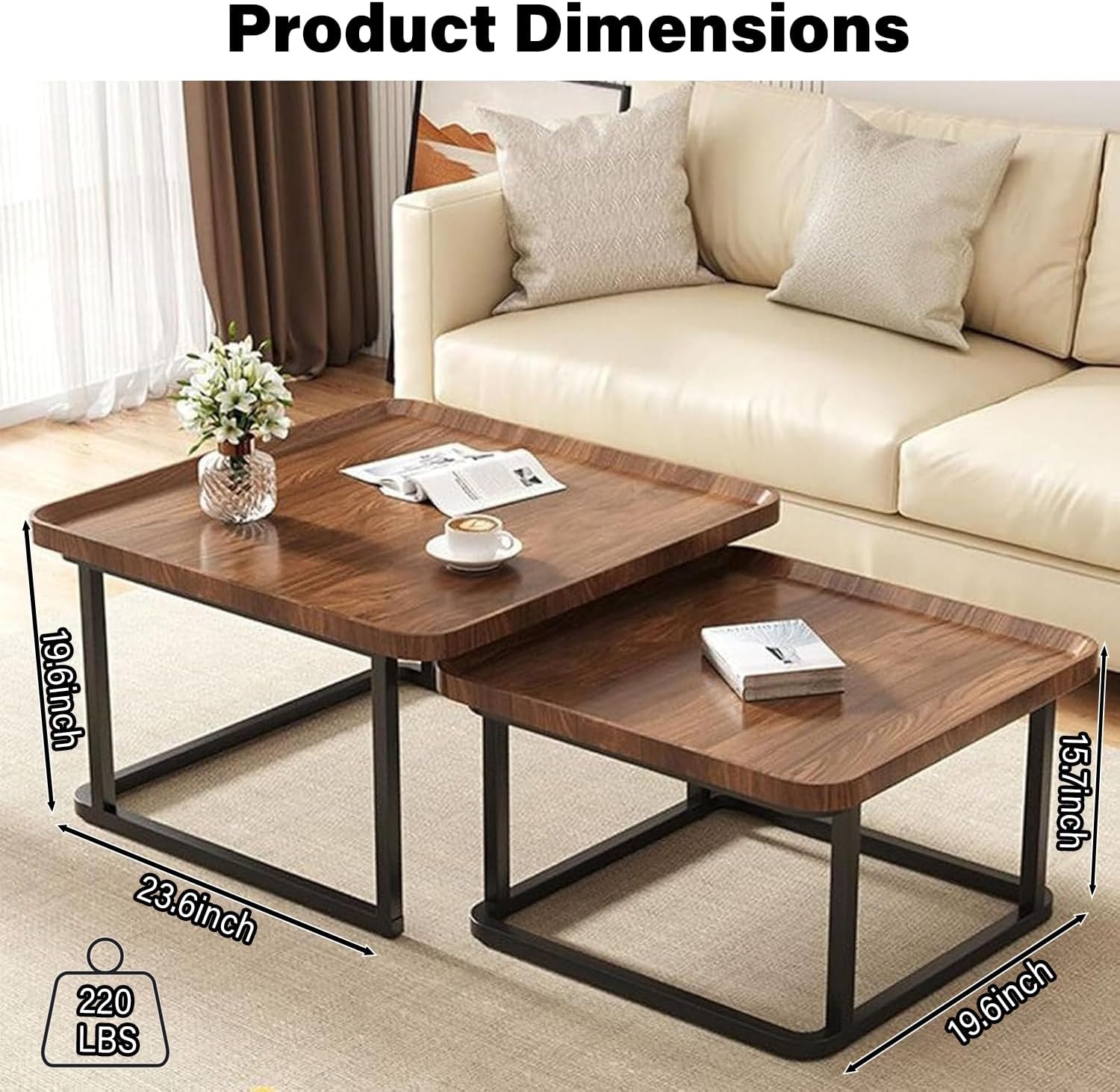 Nesting Coffee Table Set of 2, 23.6"+19.7" Square Stacking Side Table