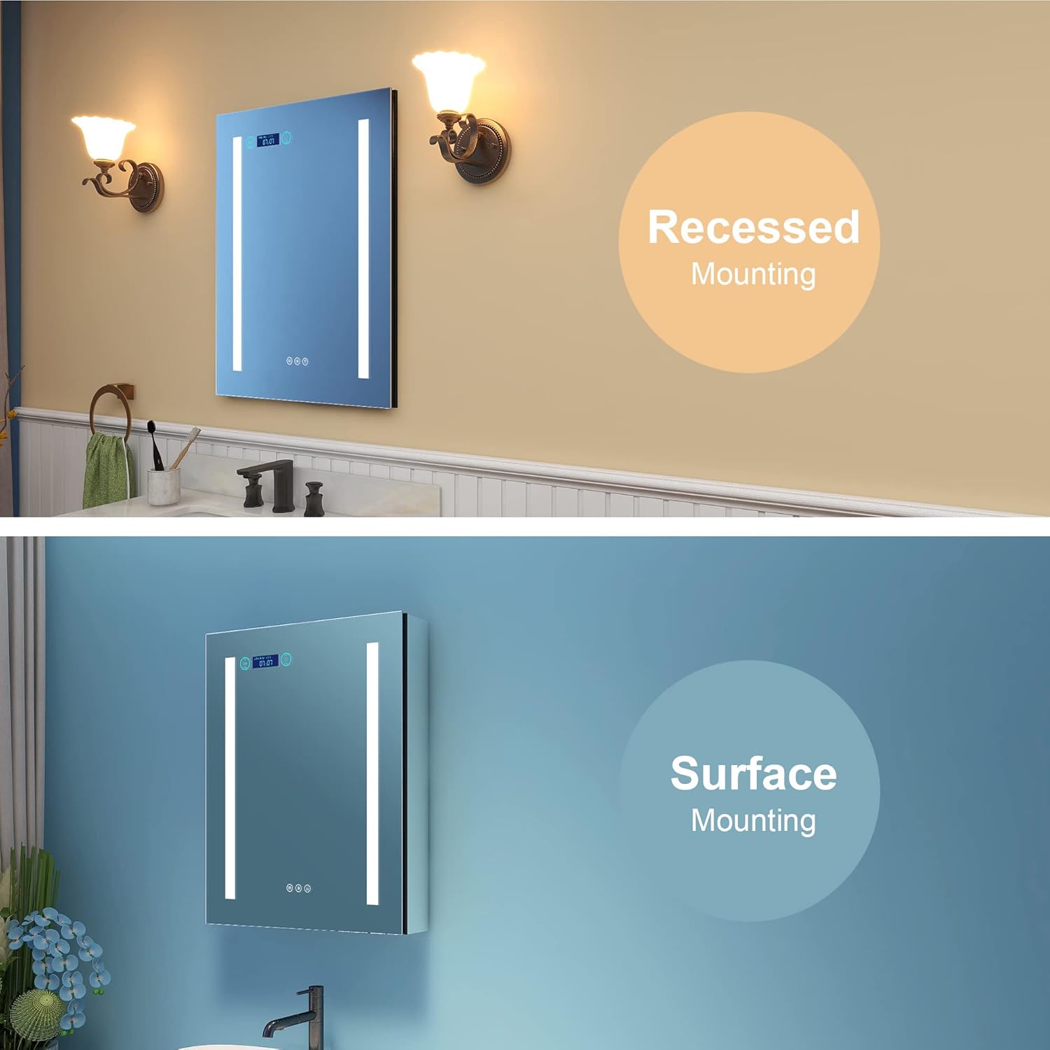 Recessed or Surface Lighted LED Mirror Medicine Cabinet with Lights,24x30 LED Bathroom Cabinet with Mirror