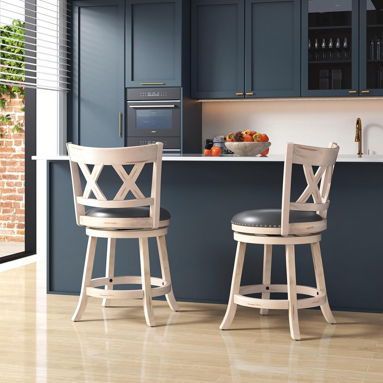 25.5" Bar Stools Set of 2, Swivel Counter Height Stools w/Back, 20" Wide Padded Seat, Rubber Wood Frame, Armless Farmhouse Barstools for Kitchen Island, Café, Pub, Dining Room, Antique White