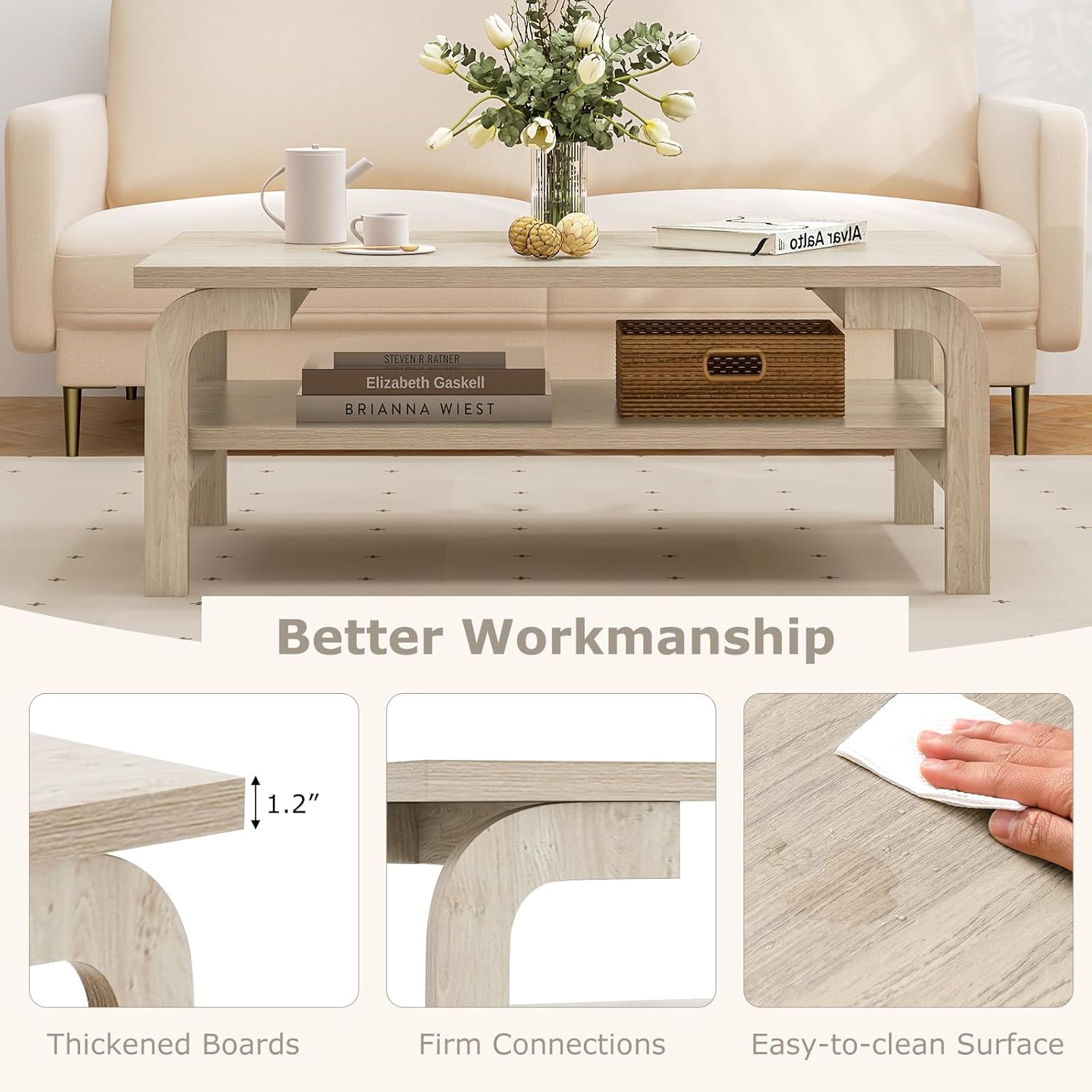 2-Tier Coffee Table with Storage, 47” Mid Century Rectangle Accent Table with Open Shelf, Large Tabletop & Curved Legs