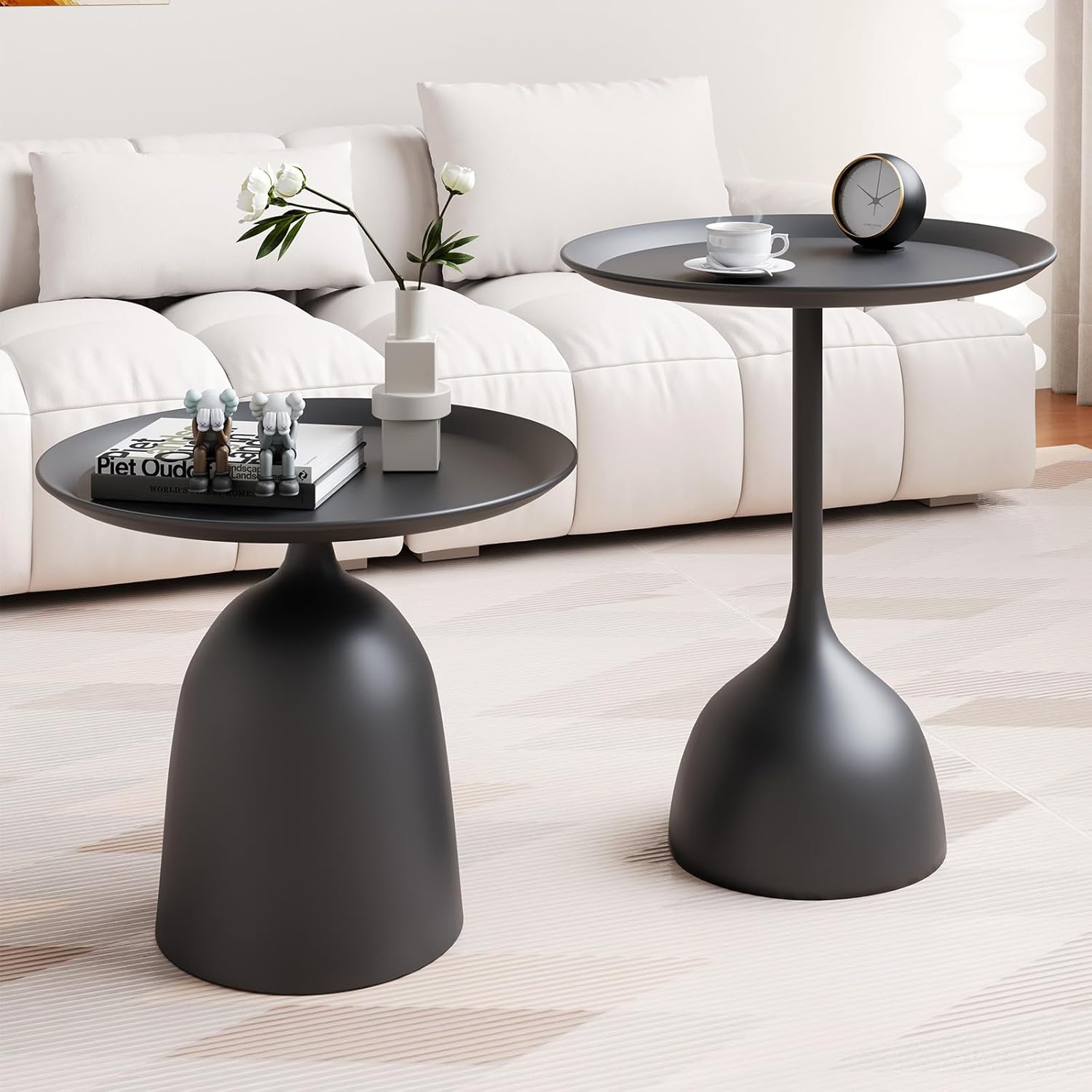 Round Coffee Table and End Table Sets for Living Room, Black Modern Side Table, Nesting Coffee Table Set of 2