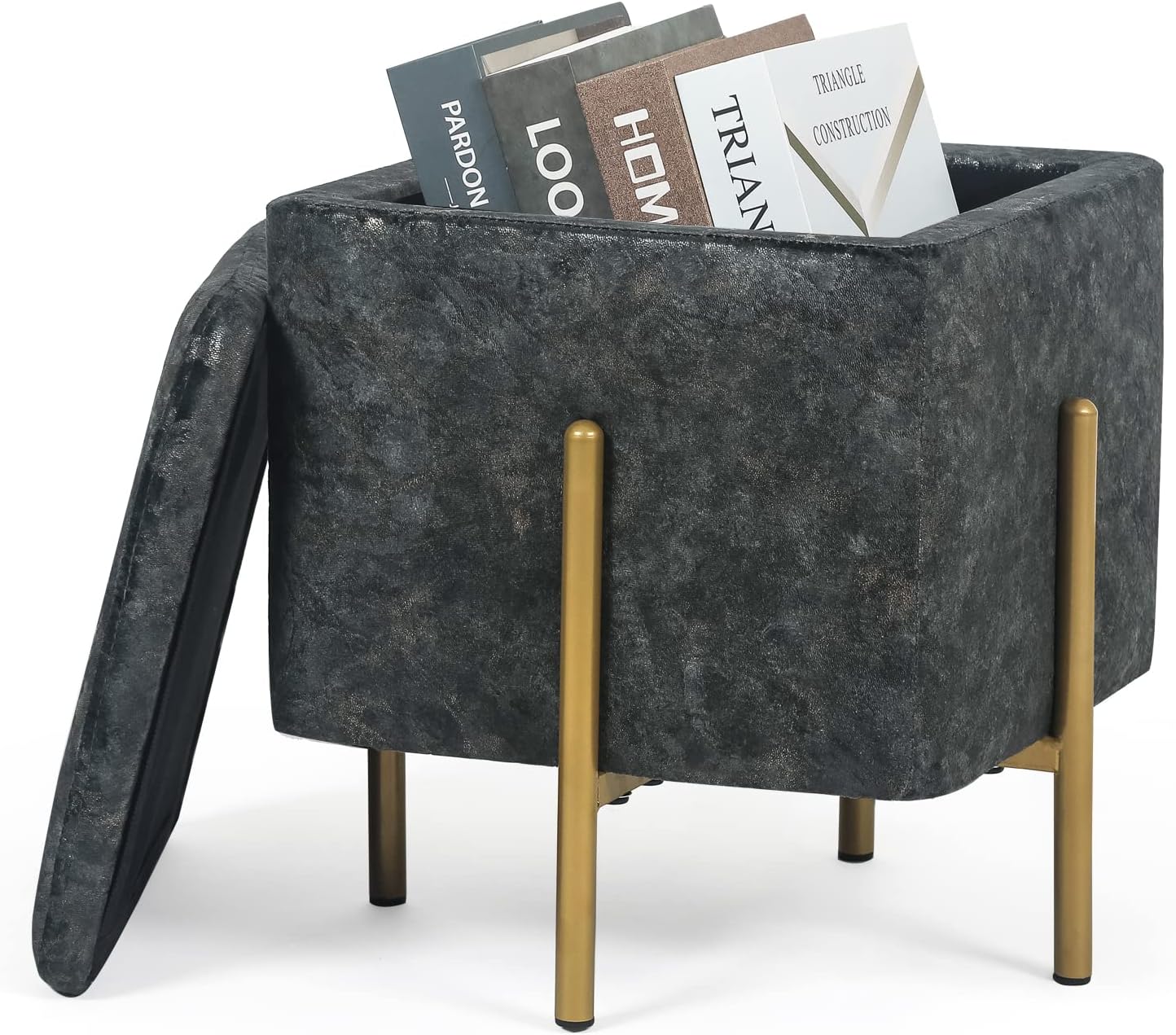 Upholstered Tufted Square Storage Ottomans, Grey Marble Modern Velvet Footrest Ottomans with Storage